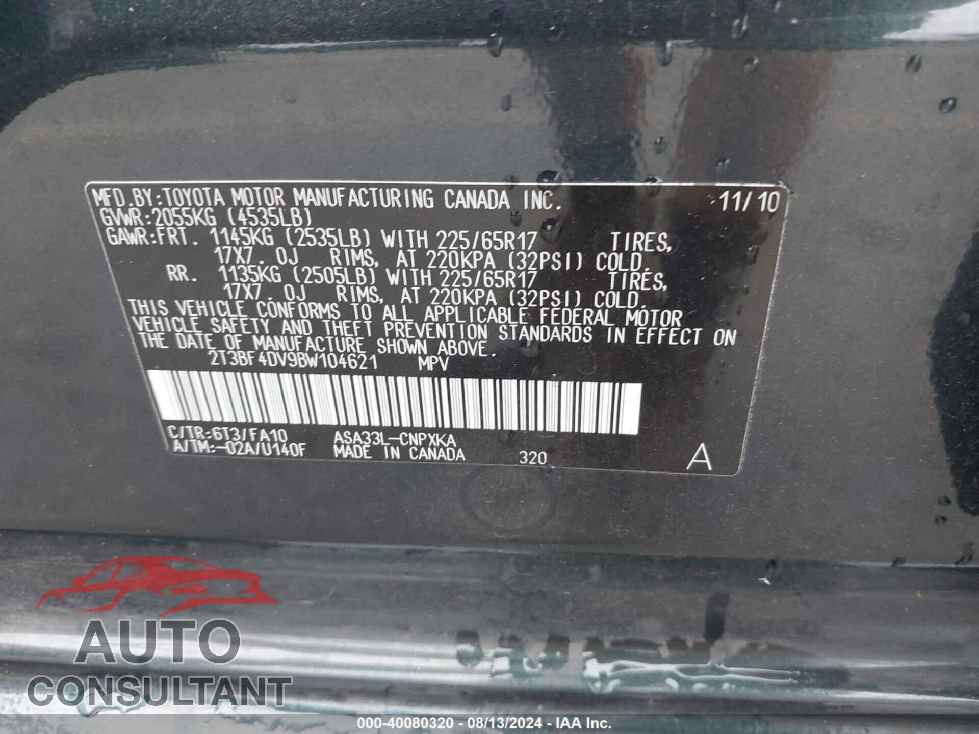 TOYOTA RAV4 2011 - 2T3BF4DV9BW104621