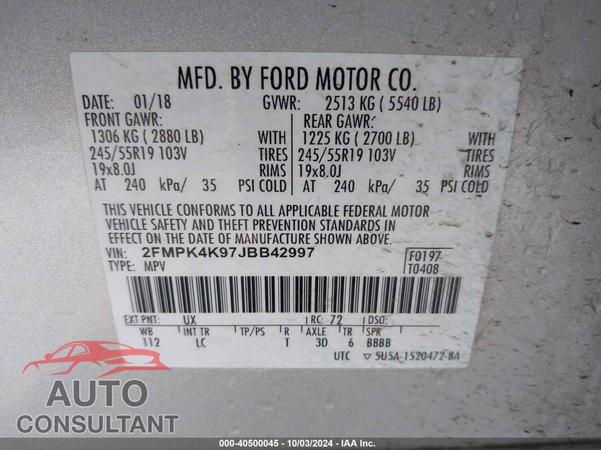 FORD EDGE 2018 - 2FMPK4K97JBB42997