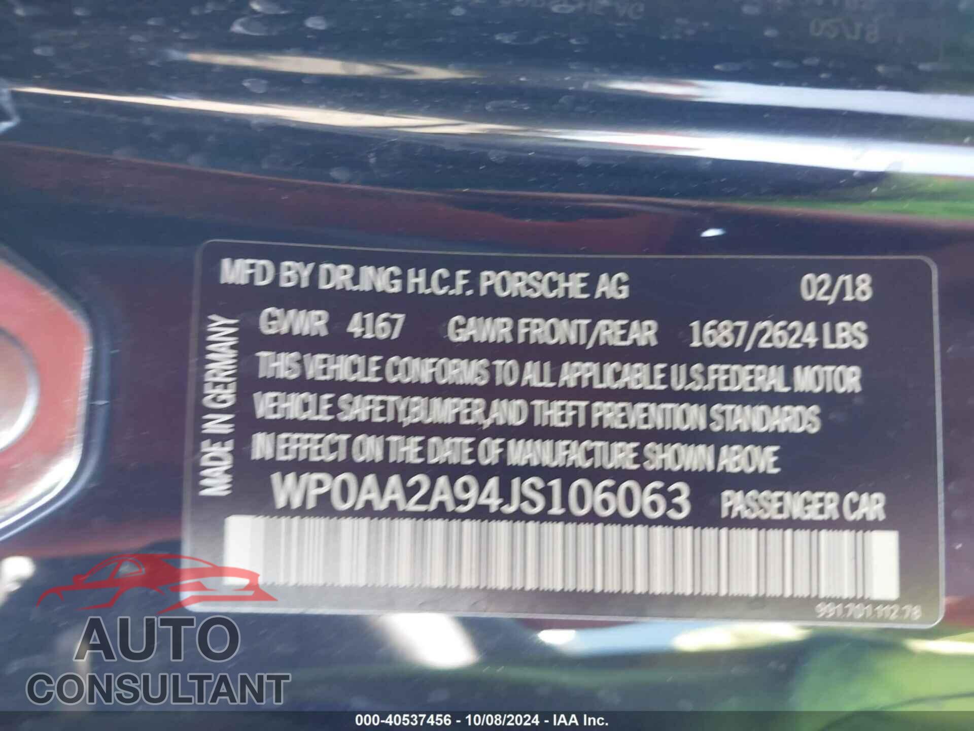 PORSCHE 911 2018 - WP0AA2A94JS106063