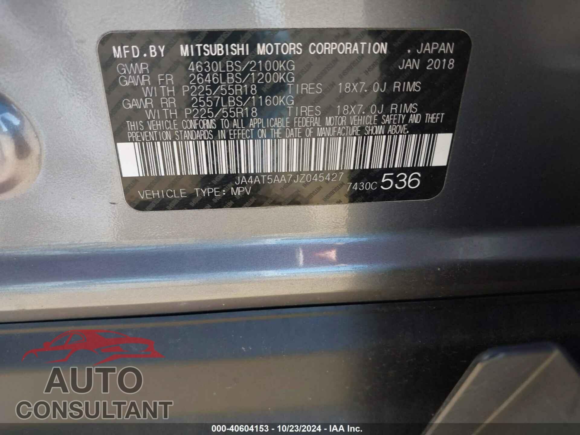 MITSUBISHI ECLIPSE CROSS 2018 - JA4AT5AA7JZ045427