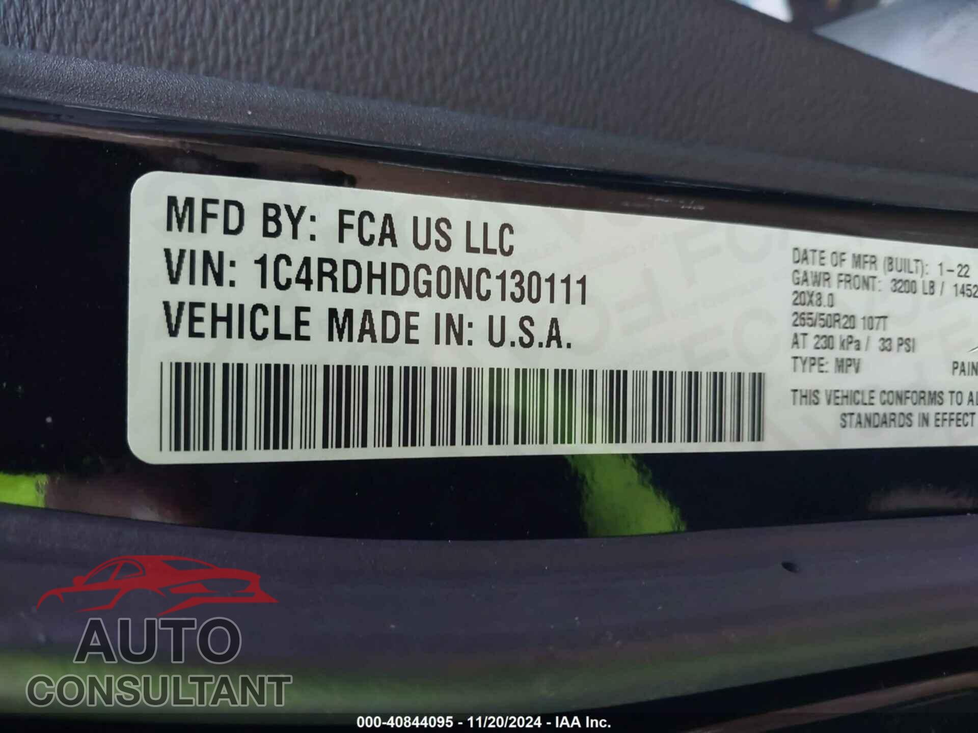 DODGE DURANGO 2022 - 1C4RDHDG0NC130111