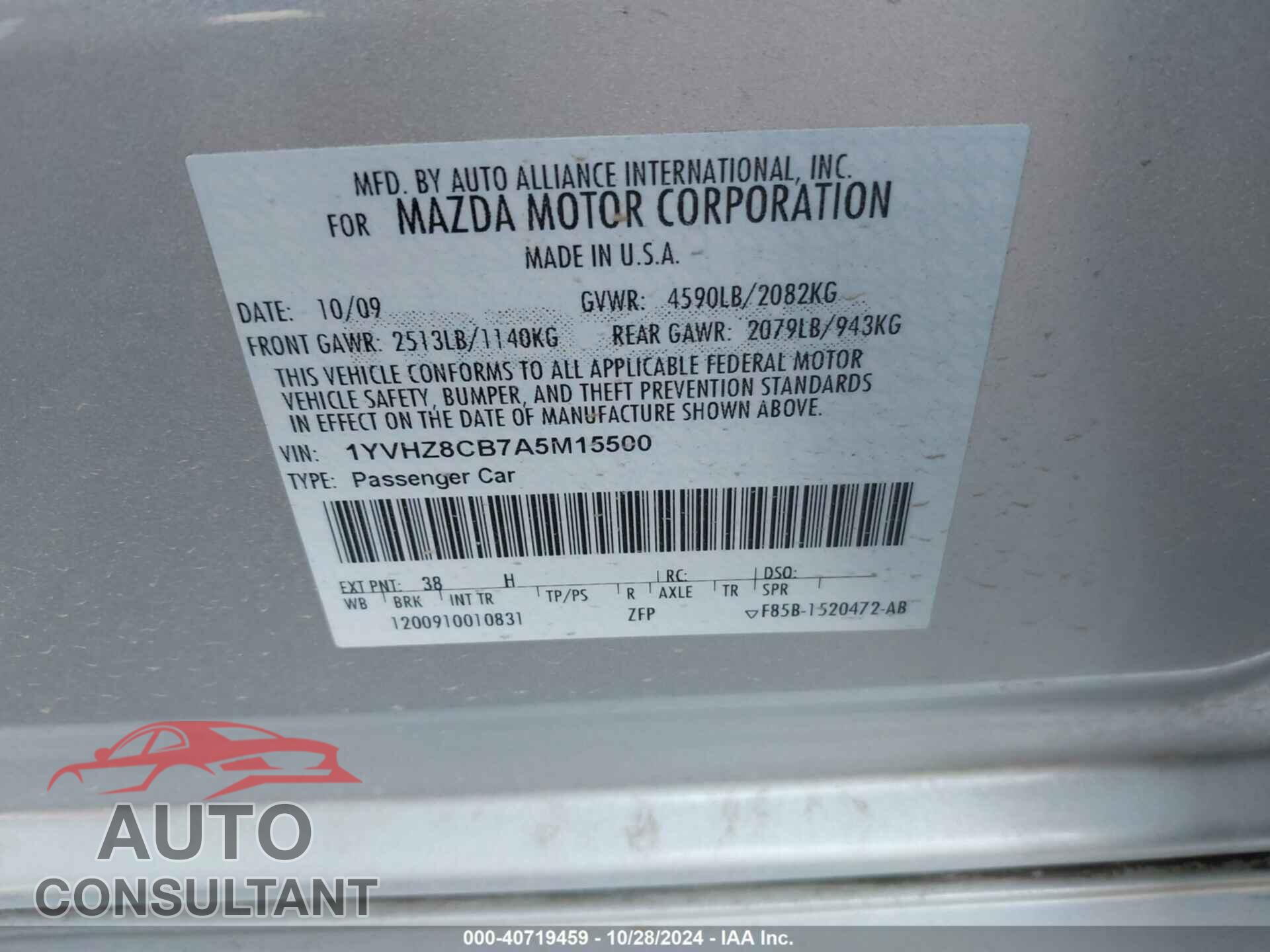 MAZDA 6 2010 - 1YVHZ8CB7A5M15500
