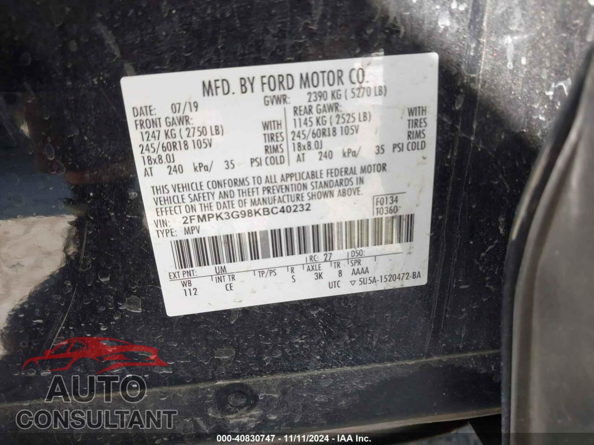 FORD EDGE 2019 - 2FMPK3G98KBC40232