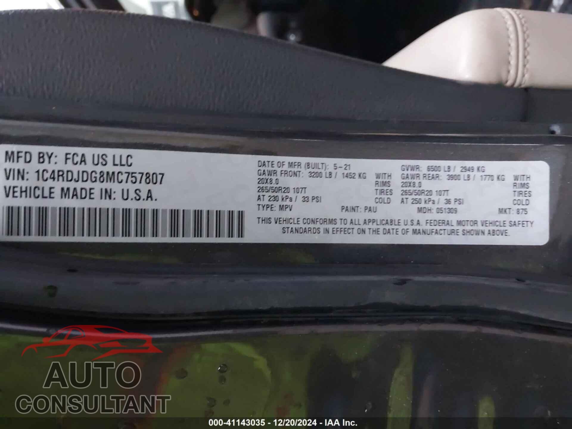 DODGE DURANGO 2021 - 1C4RDJDG8MC757807