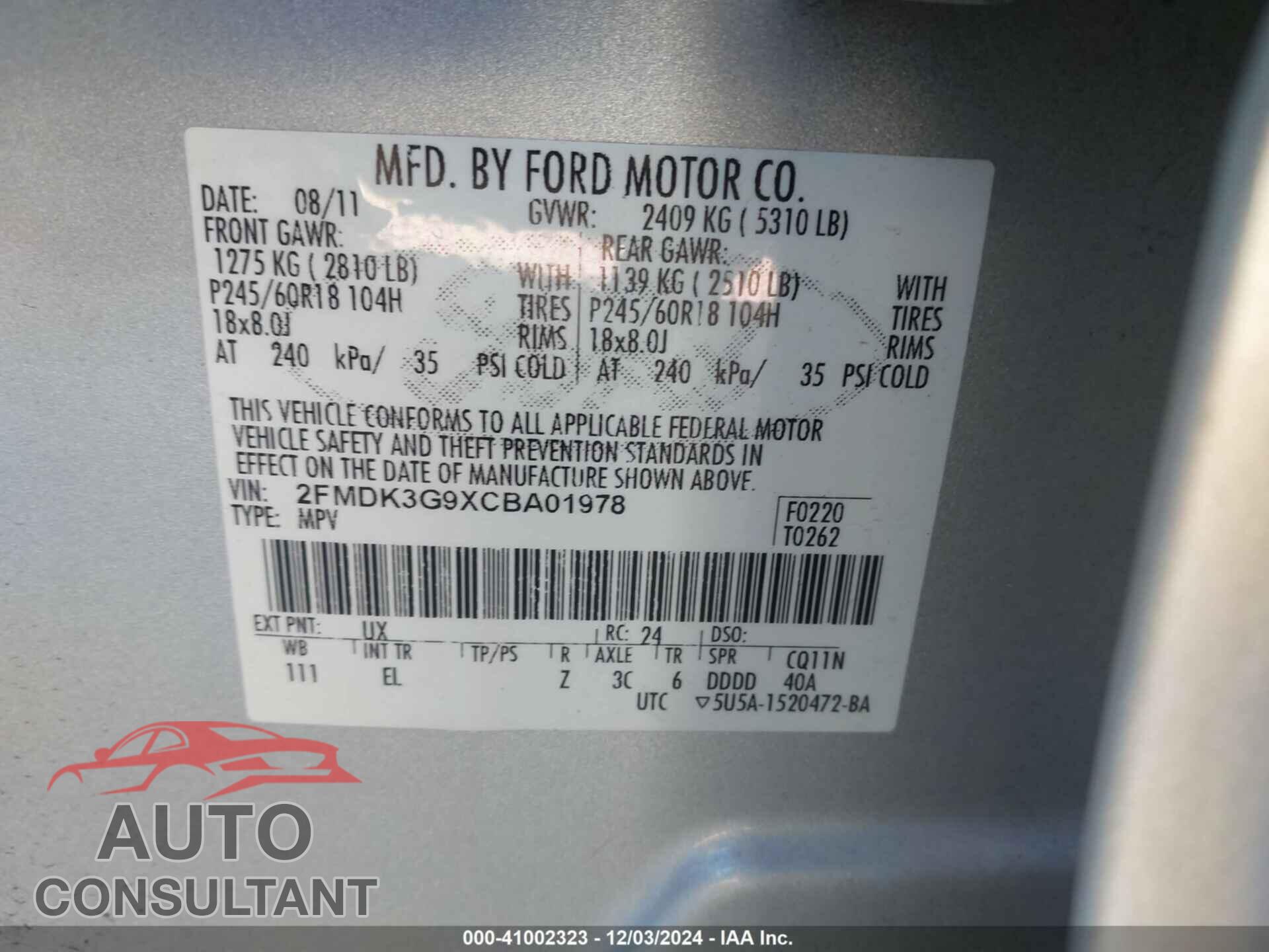 FORD EDGE 2012 - 2FMDK3G9XCBA01978