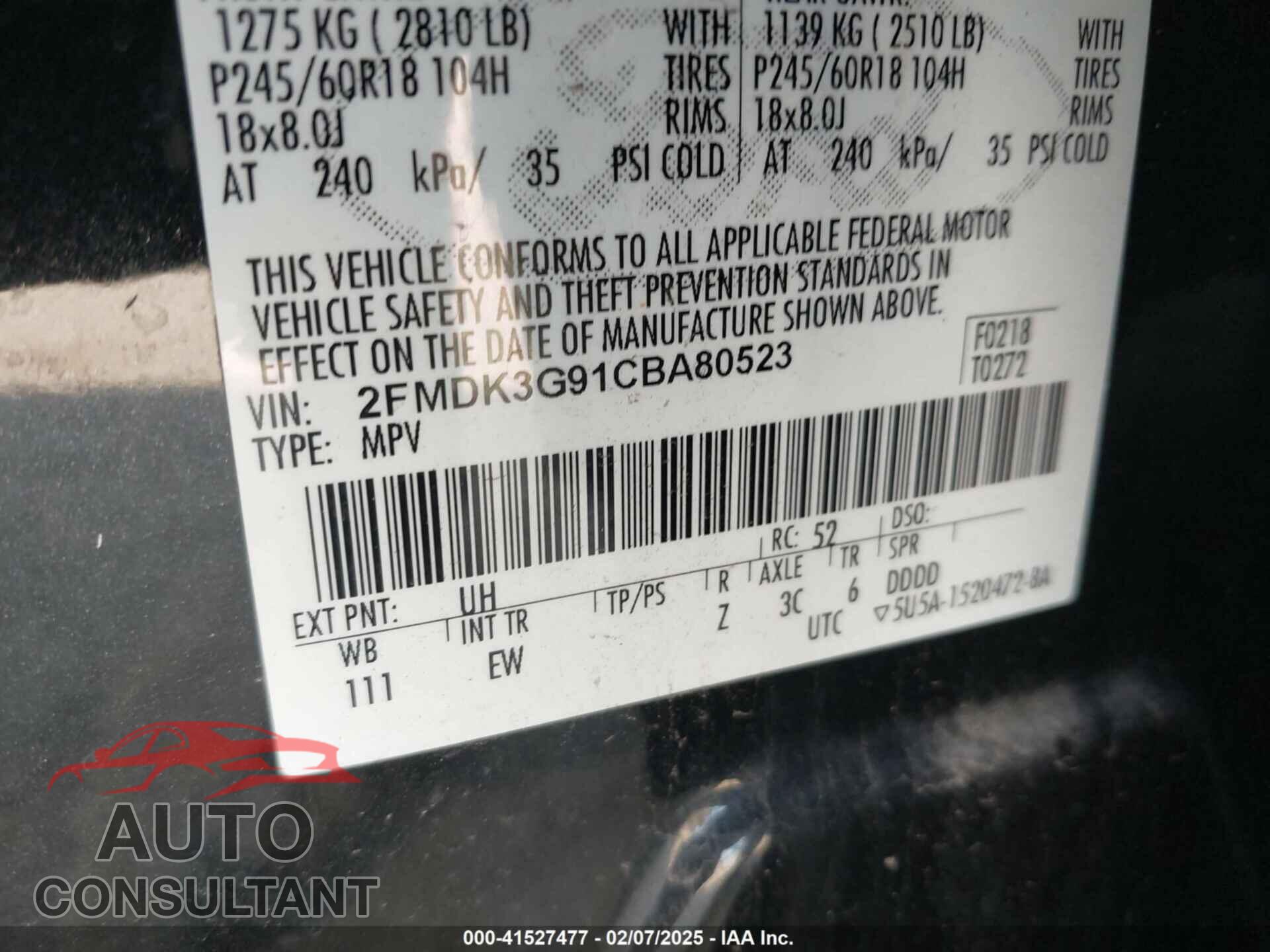 FORD EDGE 2012 - 2FMDK3G91CBA80523