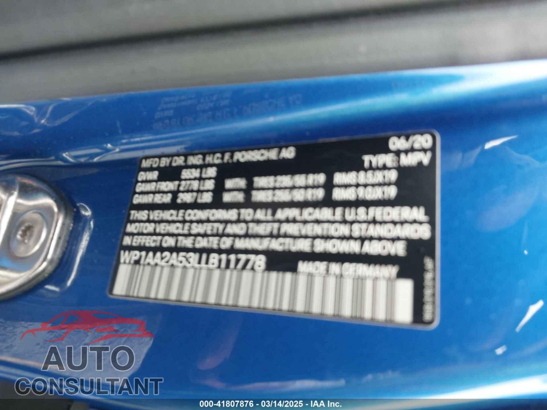 PORSCHE MACAN 2020 - WP1AA2A53LLB11778