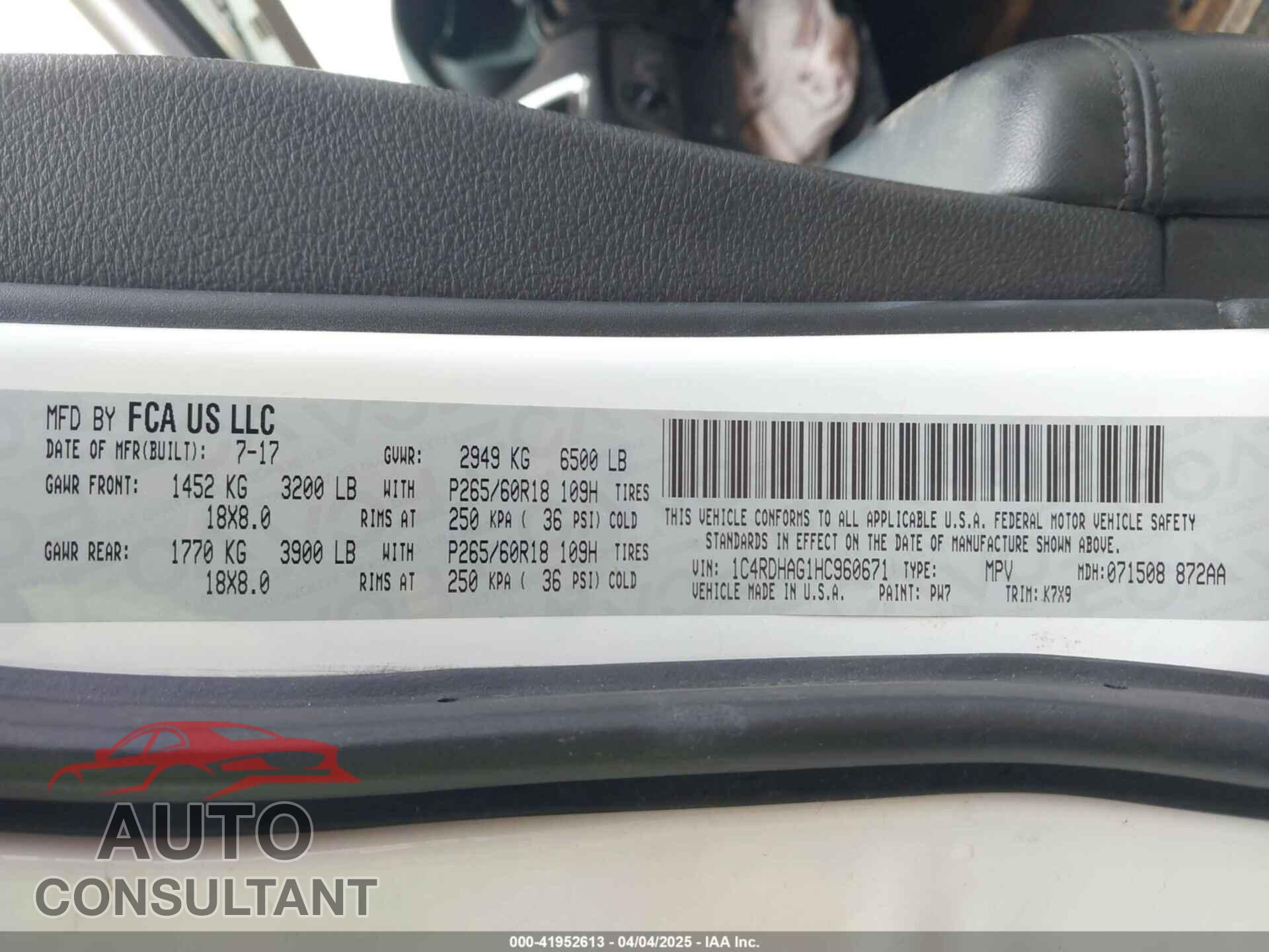 DODGE DURANGO 2017 - 1C4RDHAG1HC960671