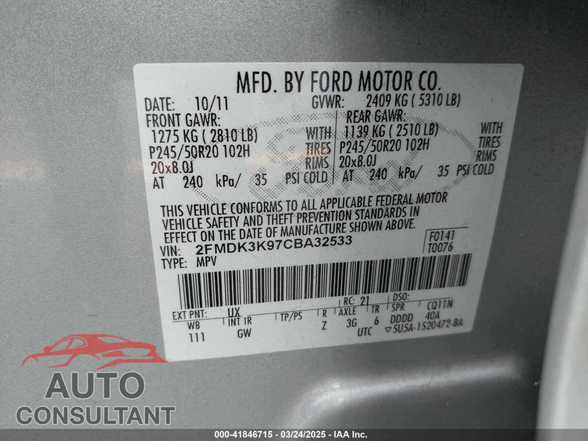 FORD EDGE 2012 - 2FMDK3K97CBA32533