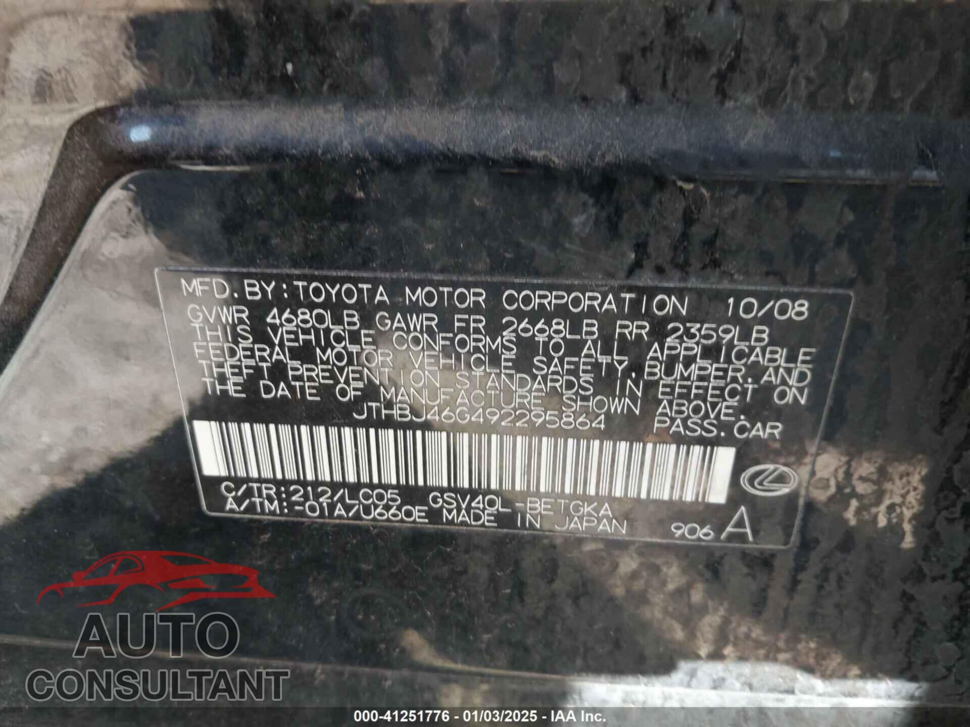 LEXUS ES 2009 - JTHBJ46G492295864