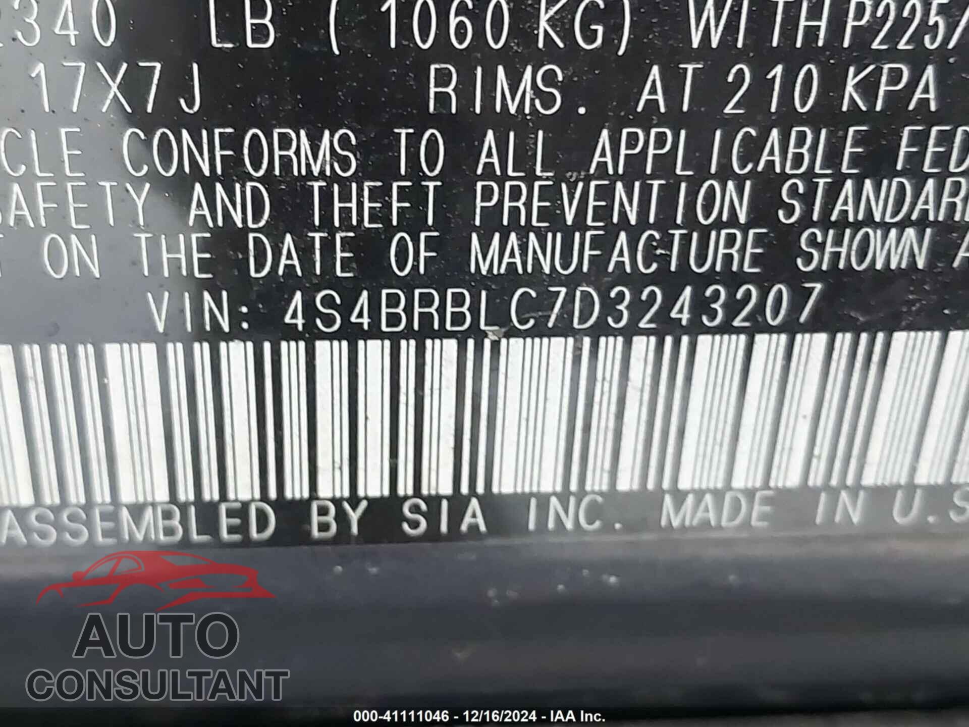 SUBARU OUTBACK 2013 - 4S4BRBLC7D3243207