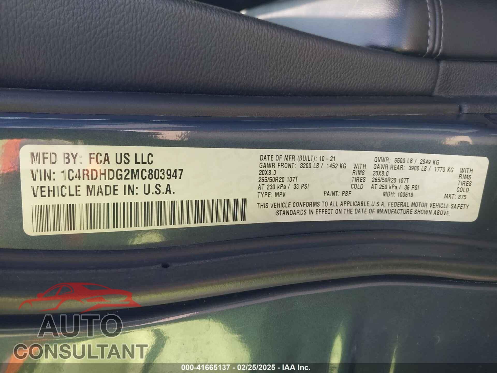 DODGE DURANGO 2021 - 1C4RDHDG2MC803947