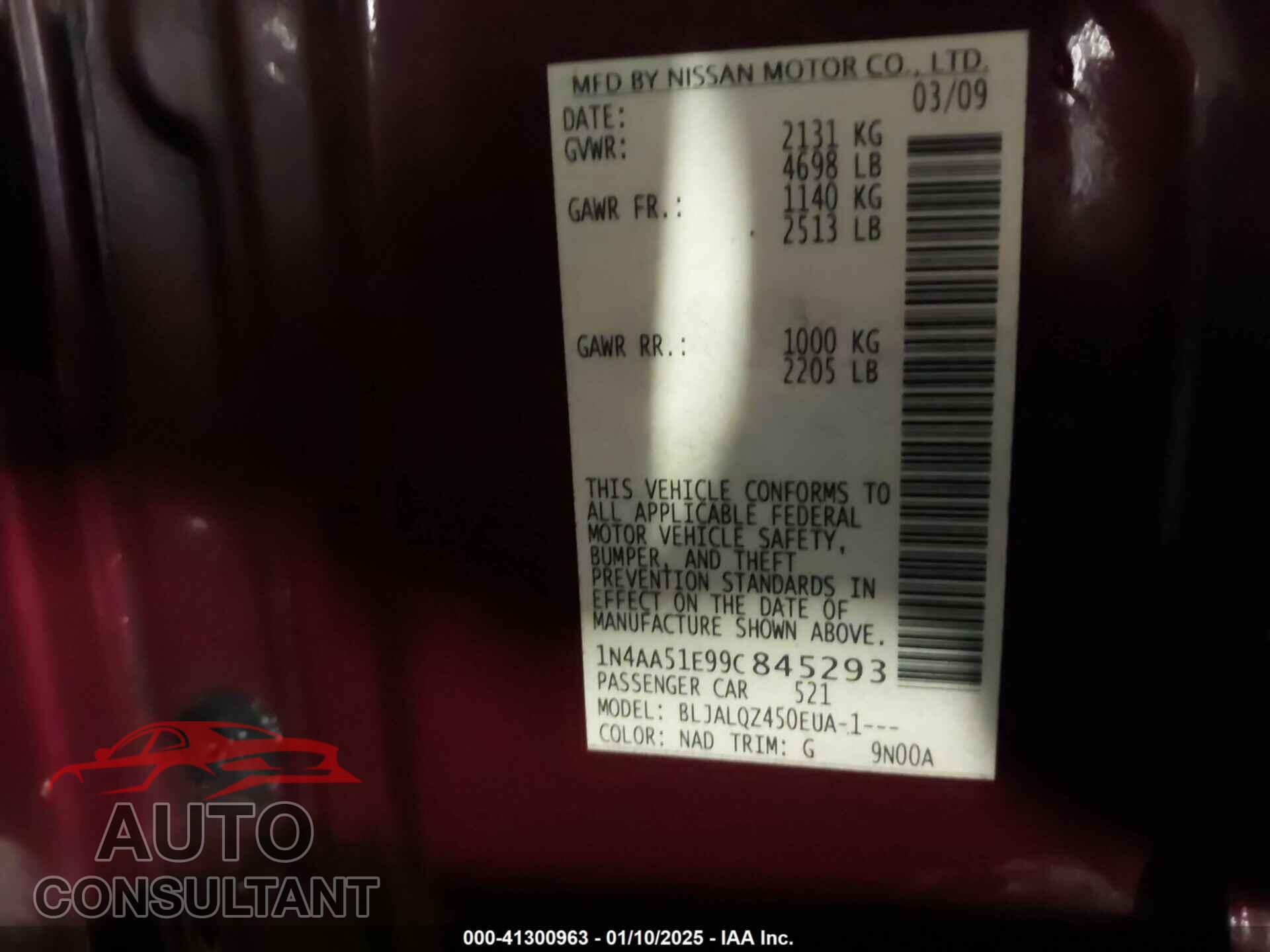 NISSAN MAXIMA 2009 - 1N4AA51E99C845293