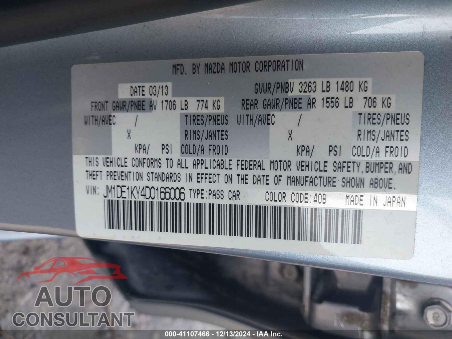 MAZDA MAZDA2 2013 - JM1DE1KY4D0166006