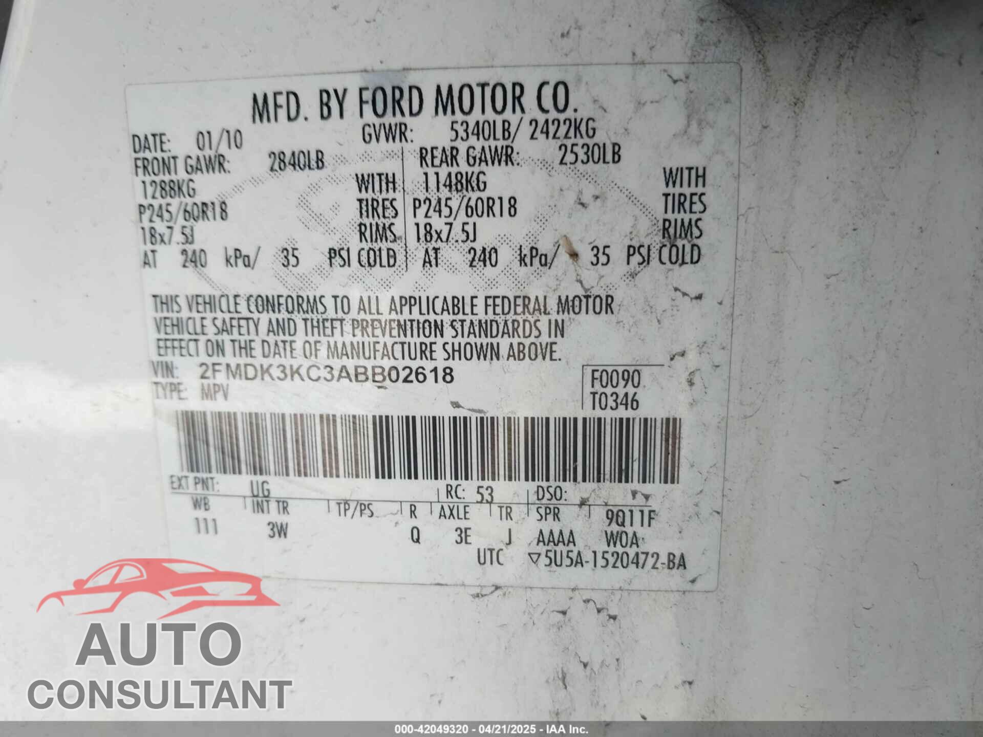 FORD EDGE 2010 - 2FMDK3KC3ABB02618