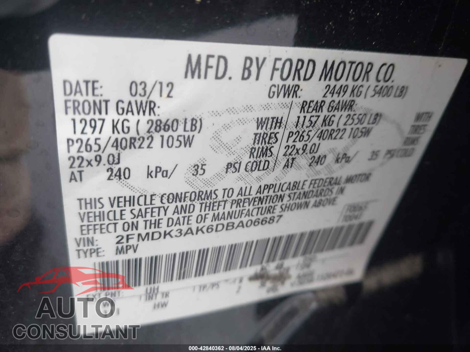FORD EDGE 2013 - 2FMDK3AK6DBA06687