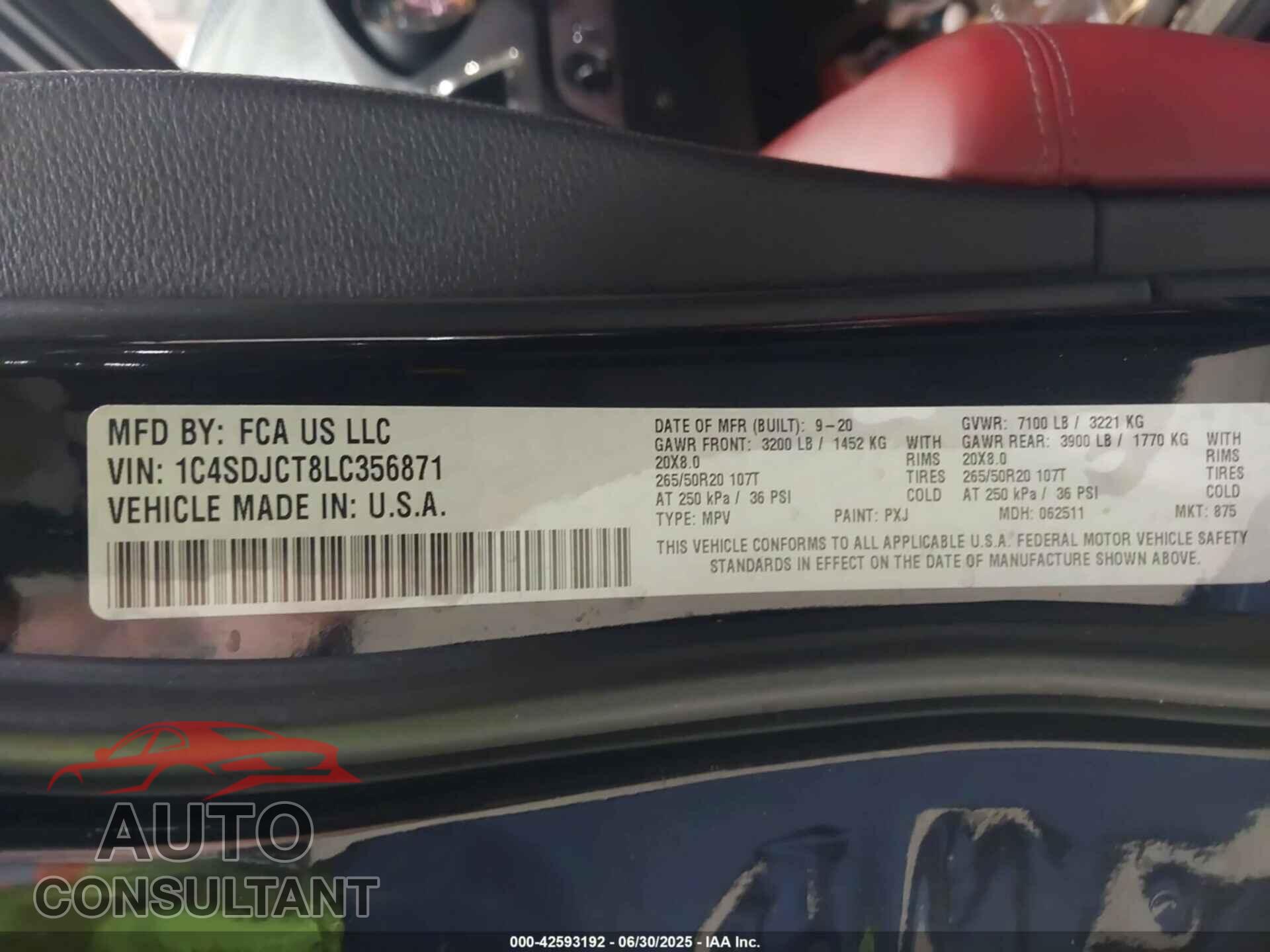 DODGE DURANGO 2020 - 1C4SDJCT8LC356871