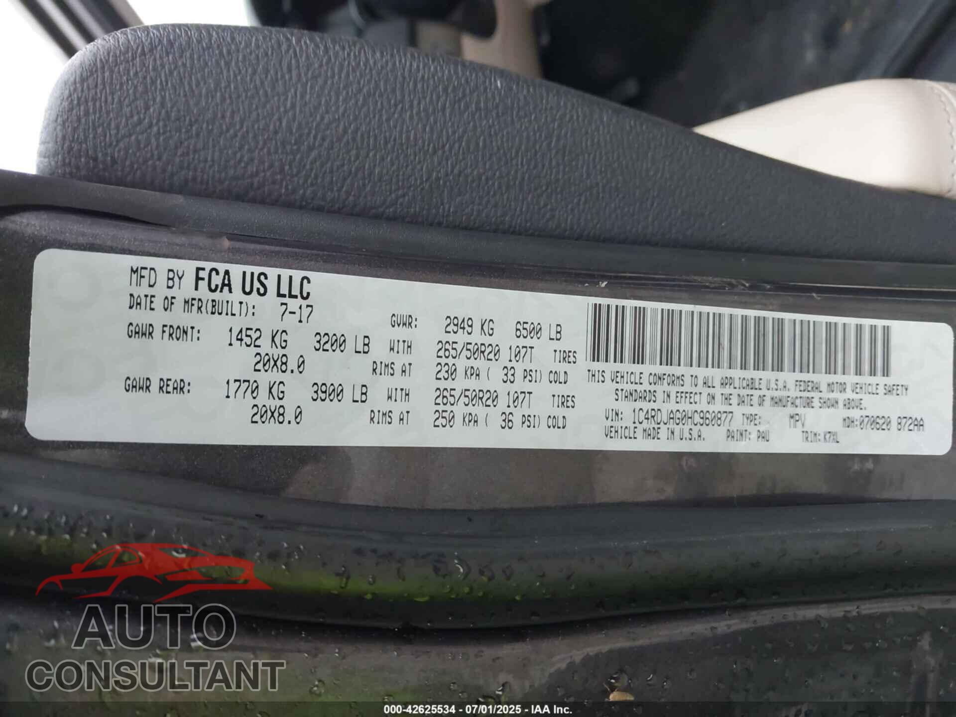 DODGE DURANGO 2017 - 1C4RDJAG0HC960877