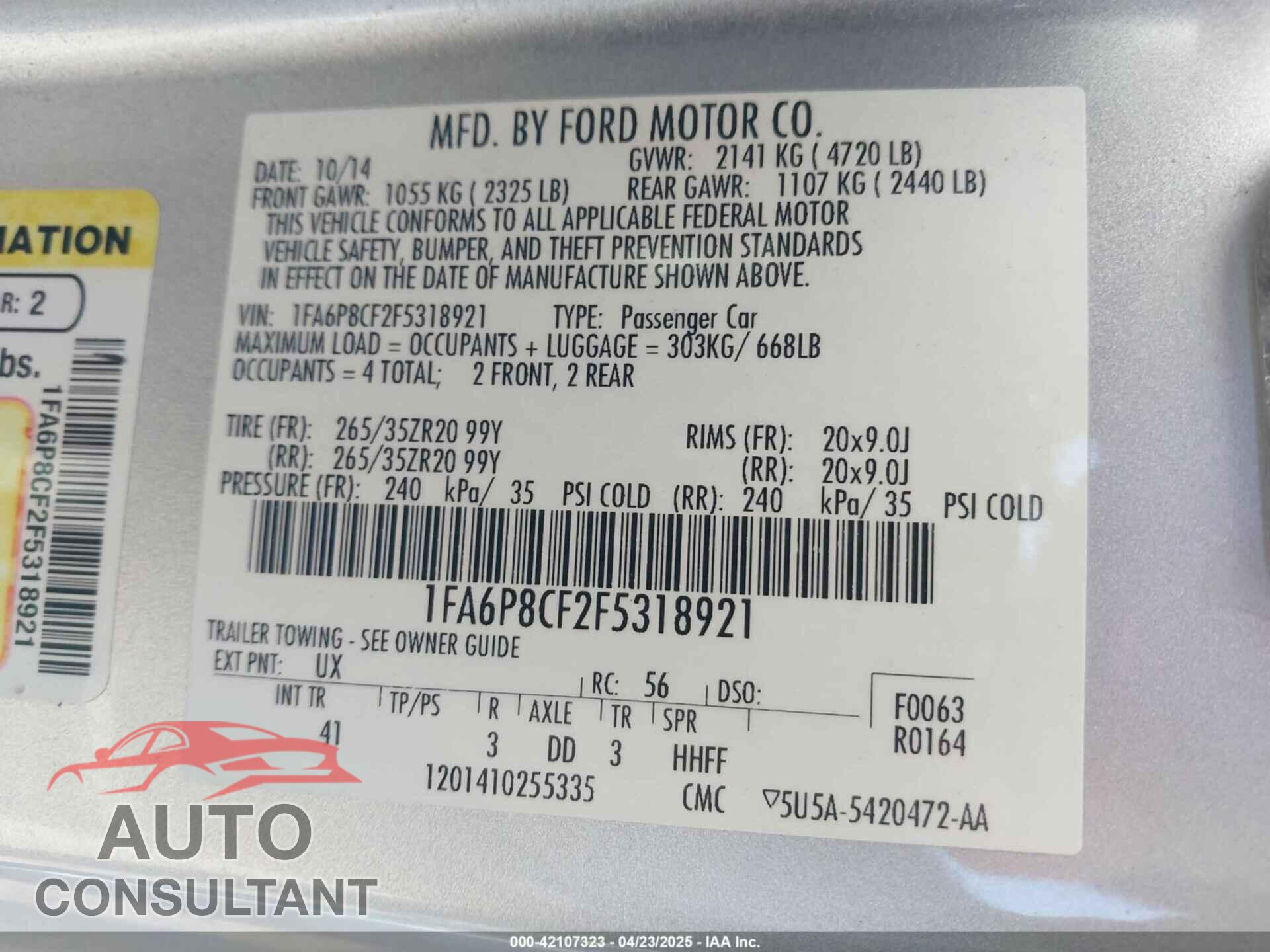 FORD MUSTANG 2015 - 1FA6P8CF2F5318921