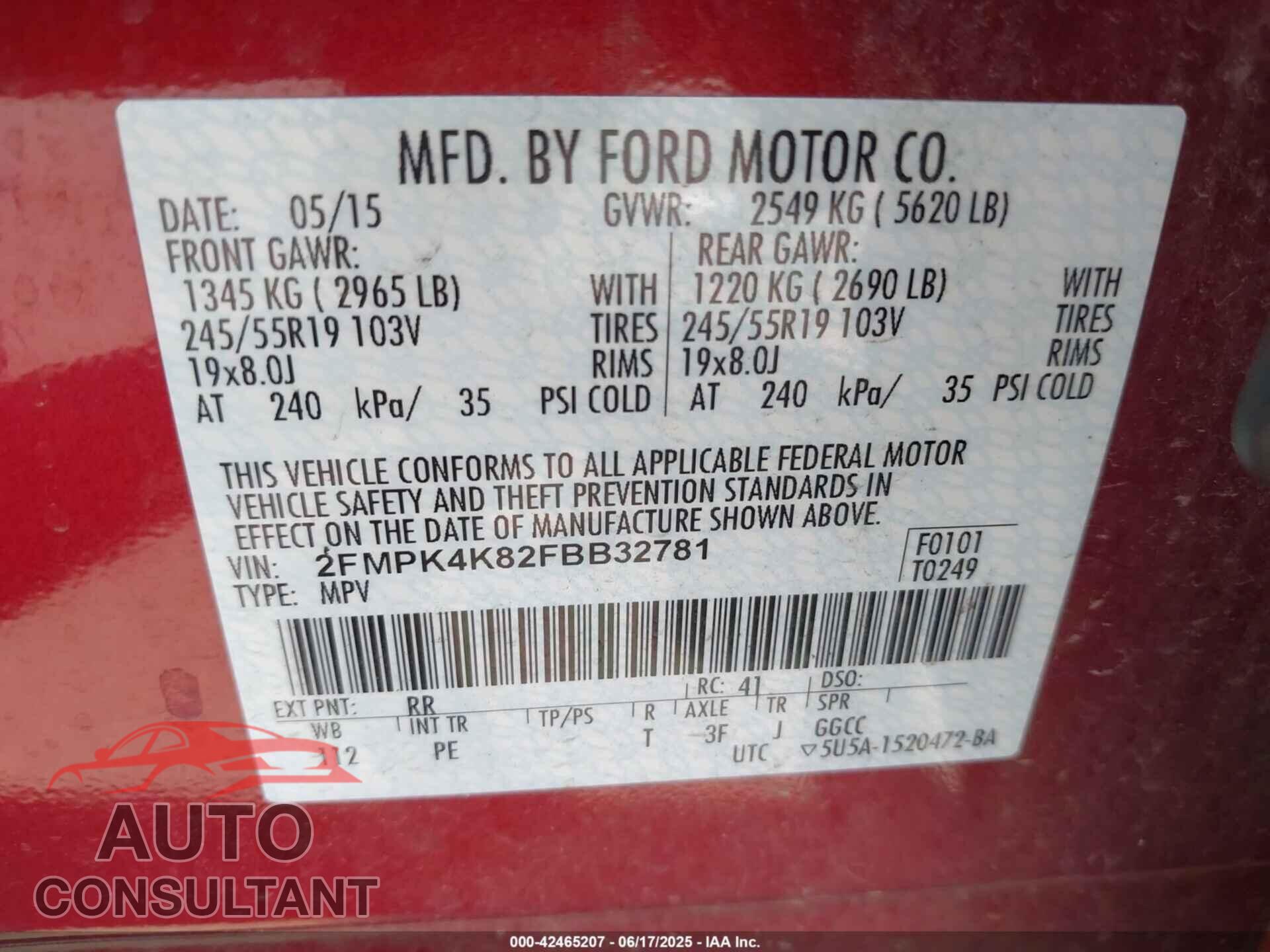 FORD EDGE 2015 - 2FMPK4K82FBB32781