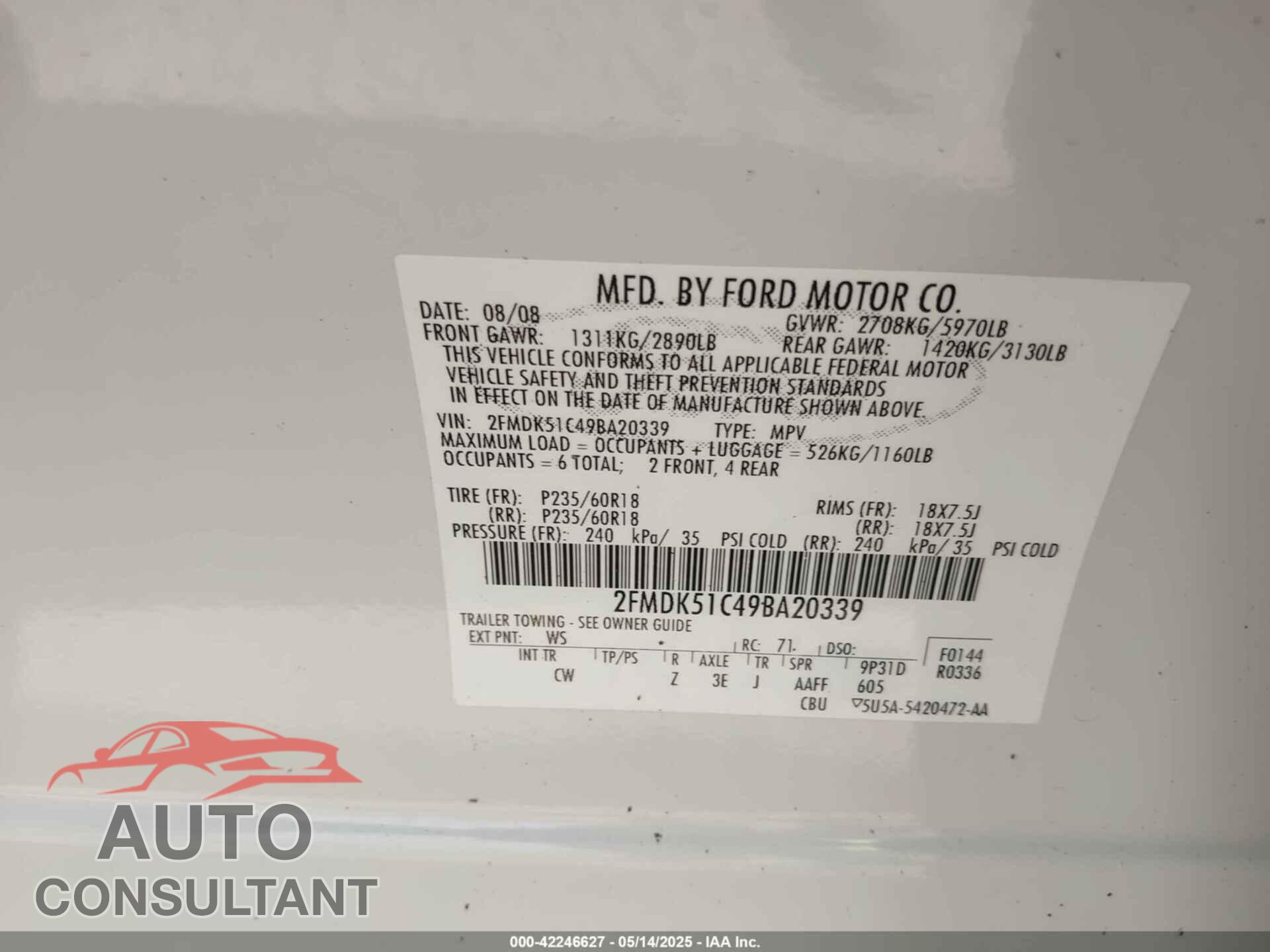 FORD FLEX 2009 - 2FMDK51C49BA20339
