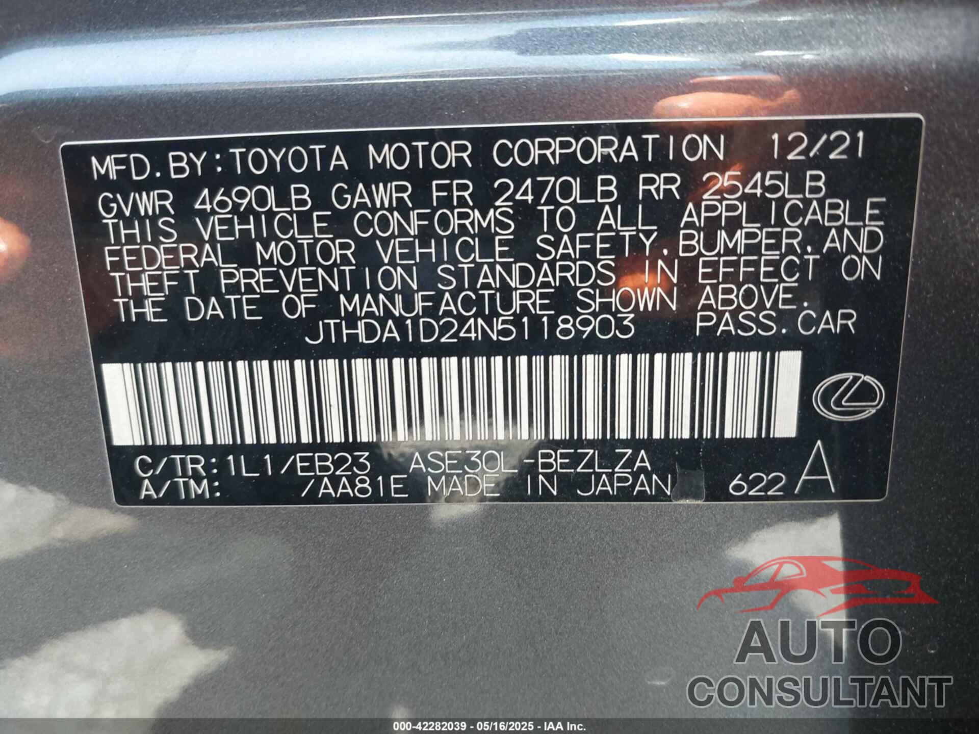 LEXUS IS 300 2022 - JTHDA1D24N5118903