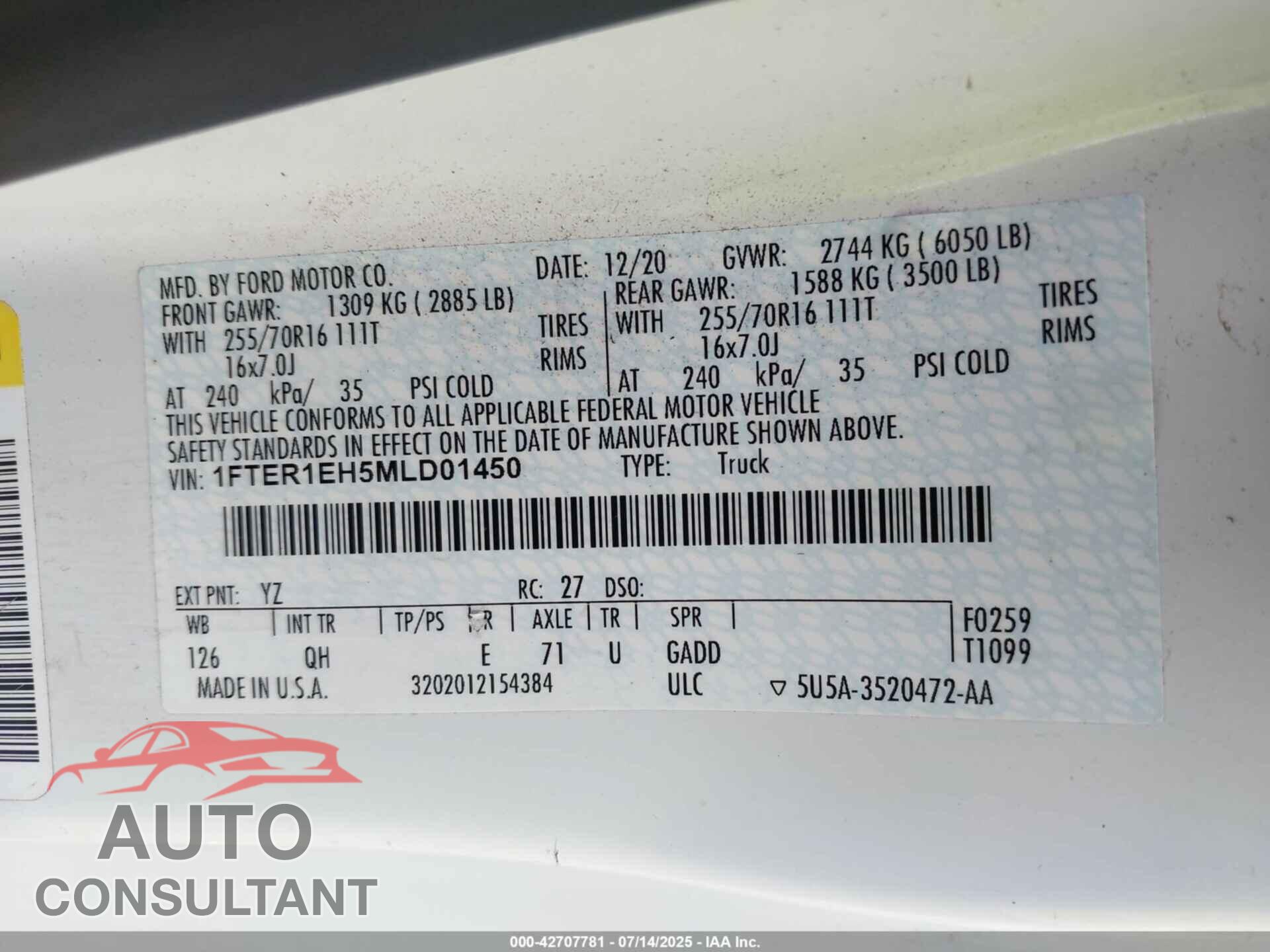 FORD RANGER 2021 - 1FTER1EH5MLD01450