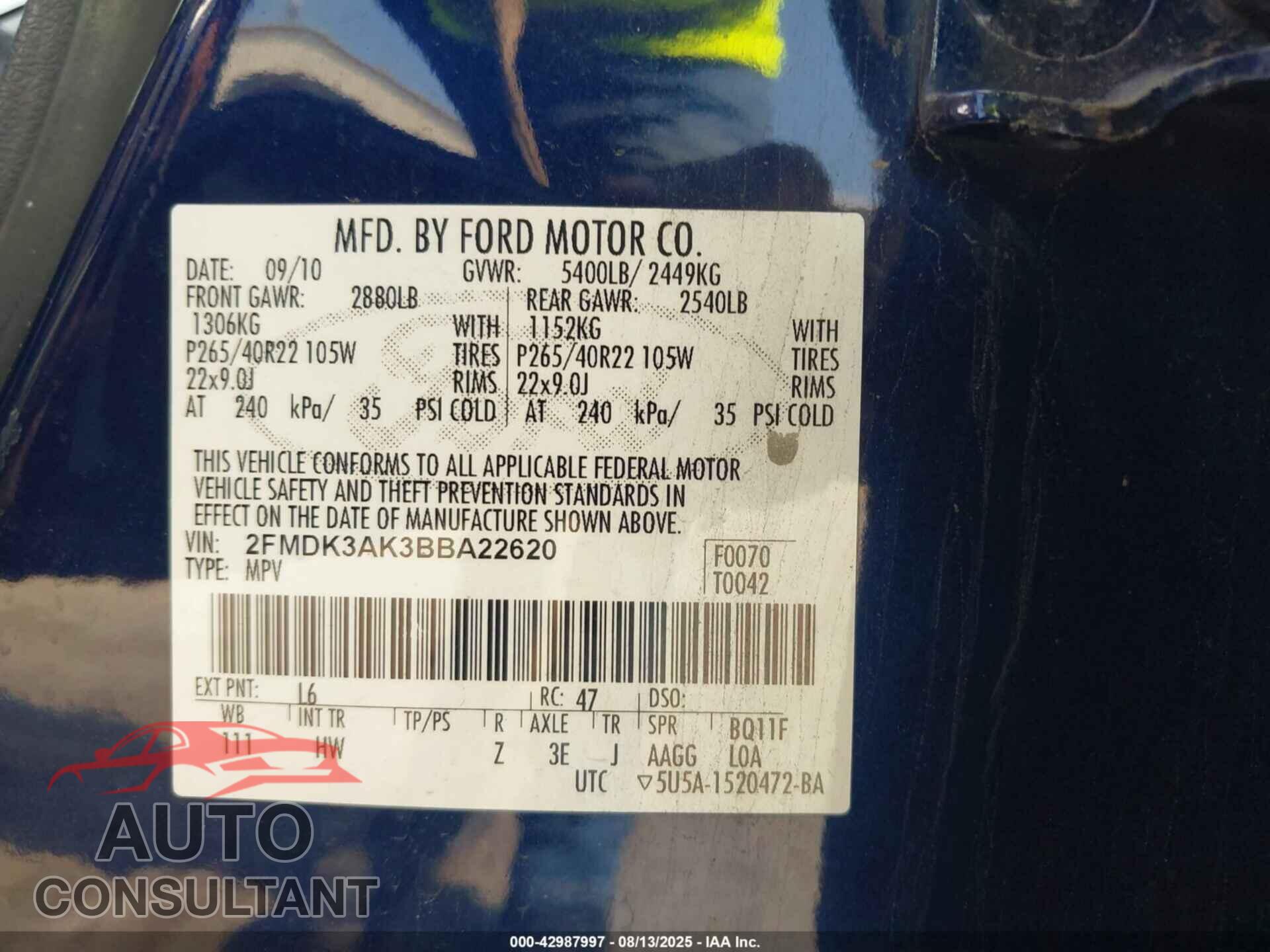 FORD EDGE 2011 - 2FMDK3AK3BBA22620