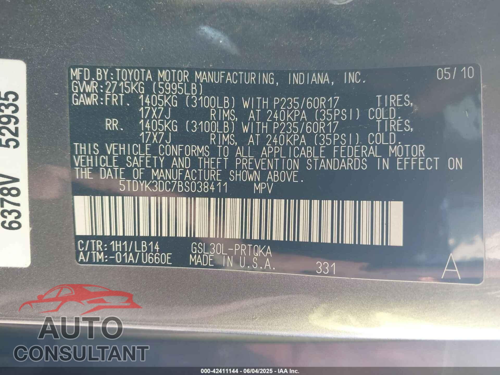 TOYOTA SIENNA 2011 - 5TDYK3DC7BS038411