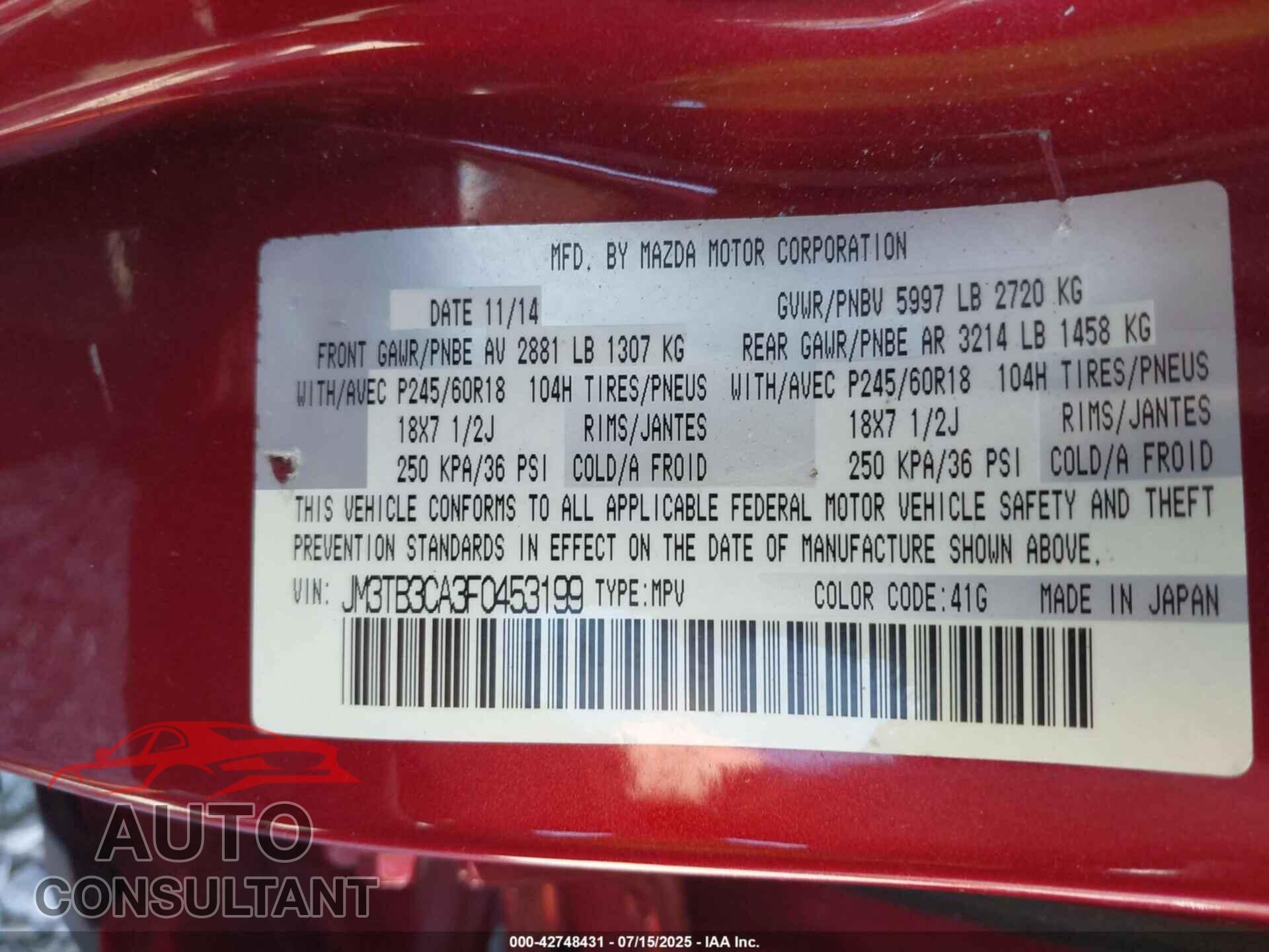 MAZDA CX-9 2015 - JM3TB3CA3F0453199