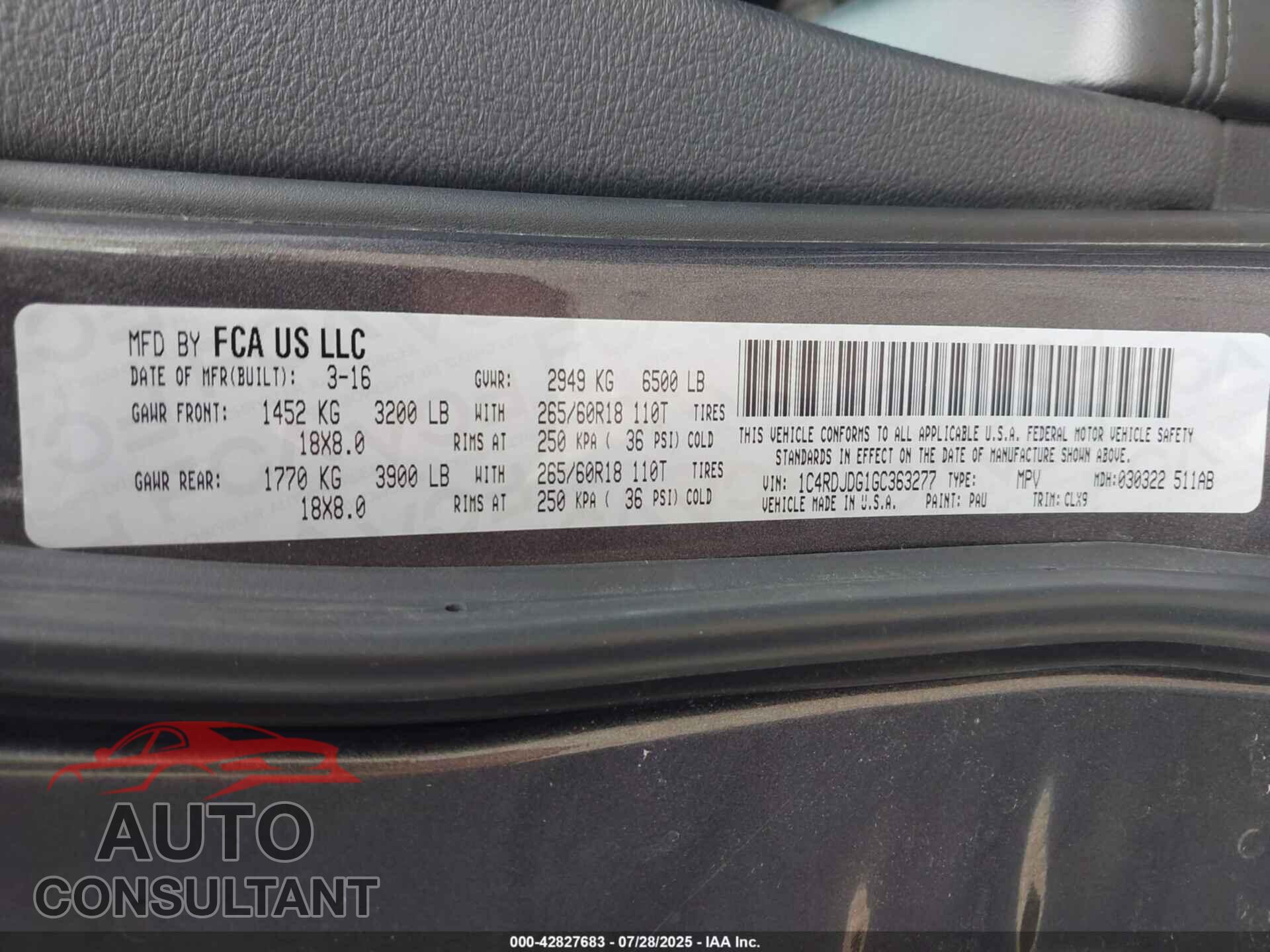 DODGE DURANGO 2016 - 1C4RDJDG1GC363277