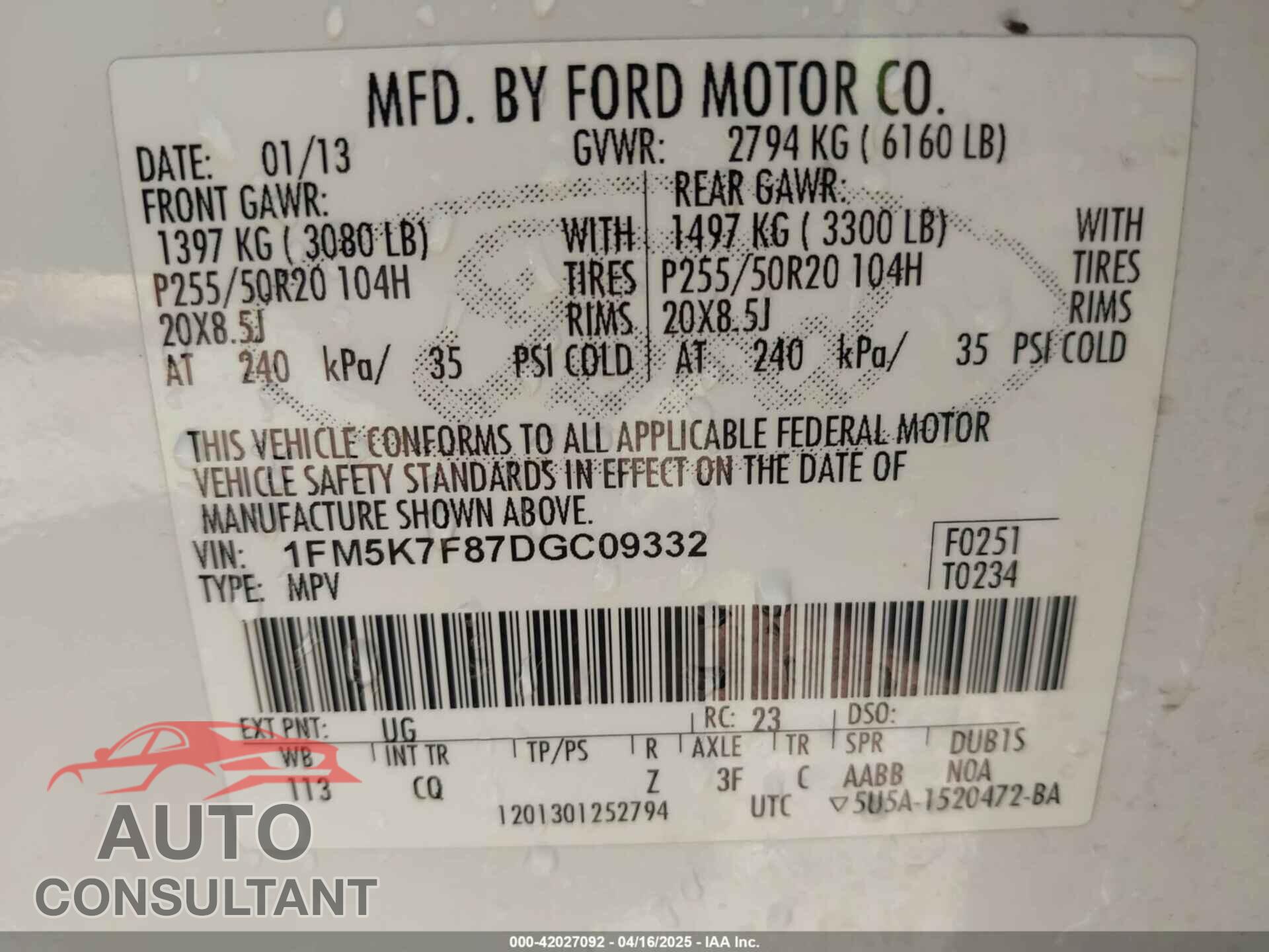FORD EXPLORER 2013 - 1FM5K7F87DGC09332