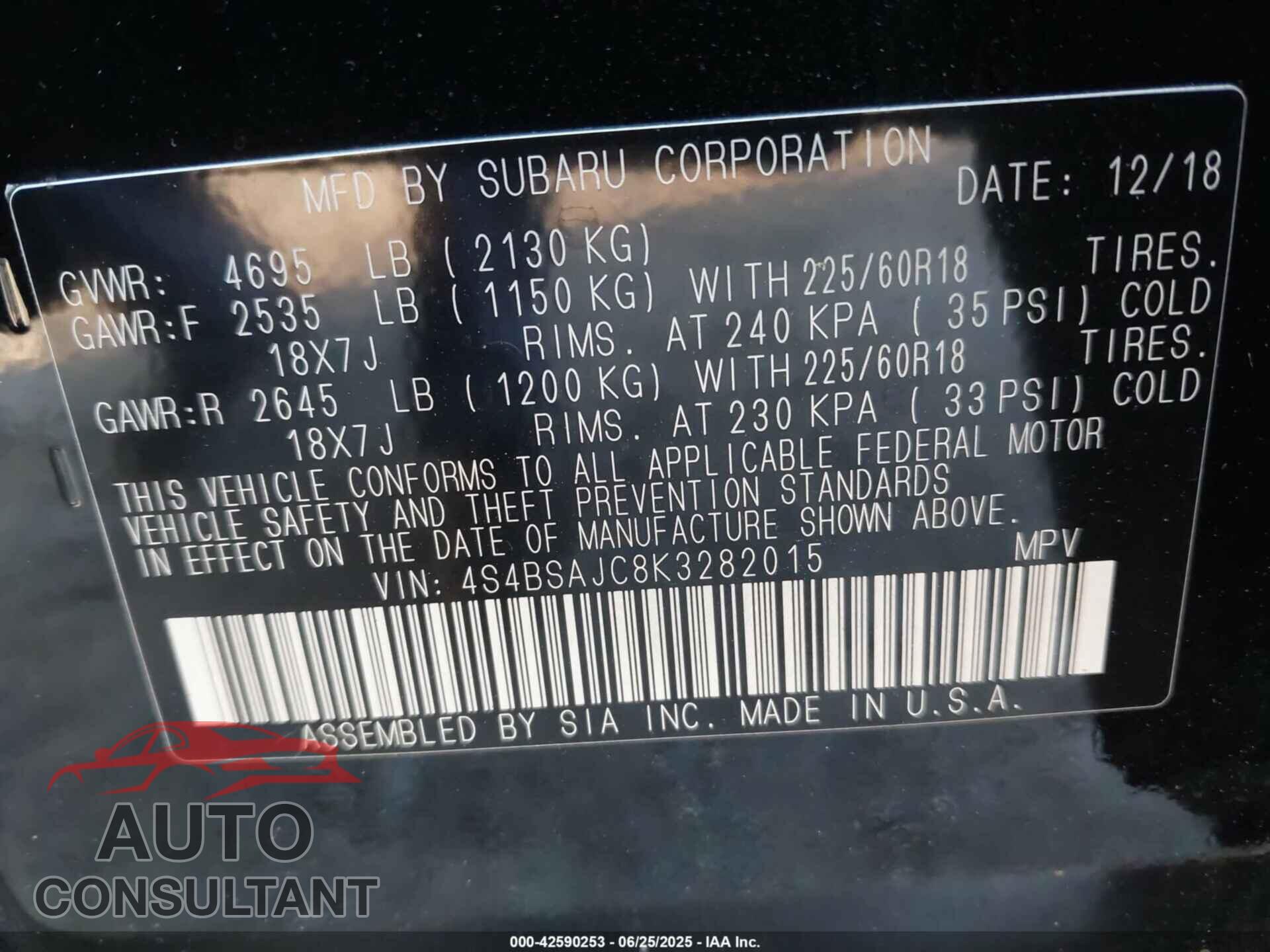 SUBARU OUTBACK 2019 - 4S4BSAJC8K3282015