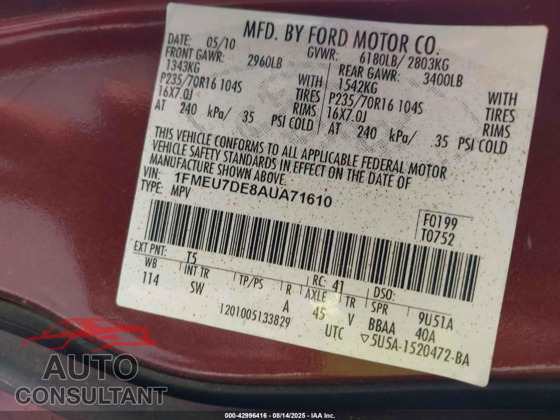 FORD EXPLORER 2010 - 1FMEU7DE8AUA71610