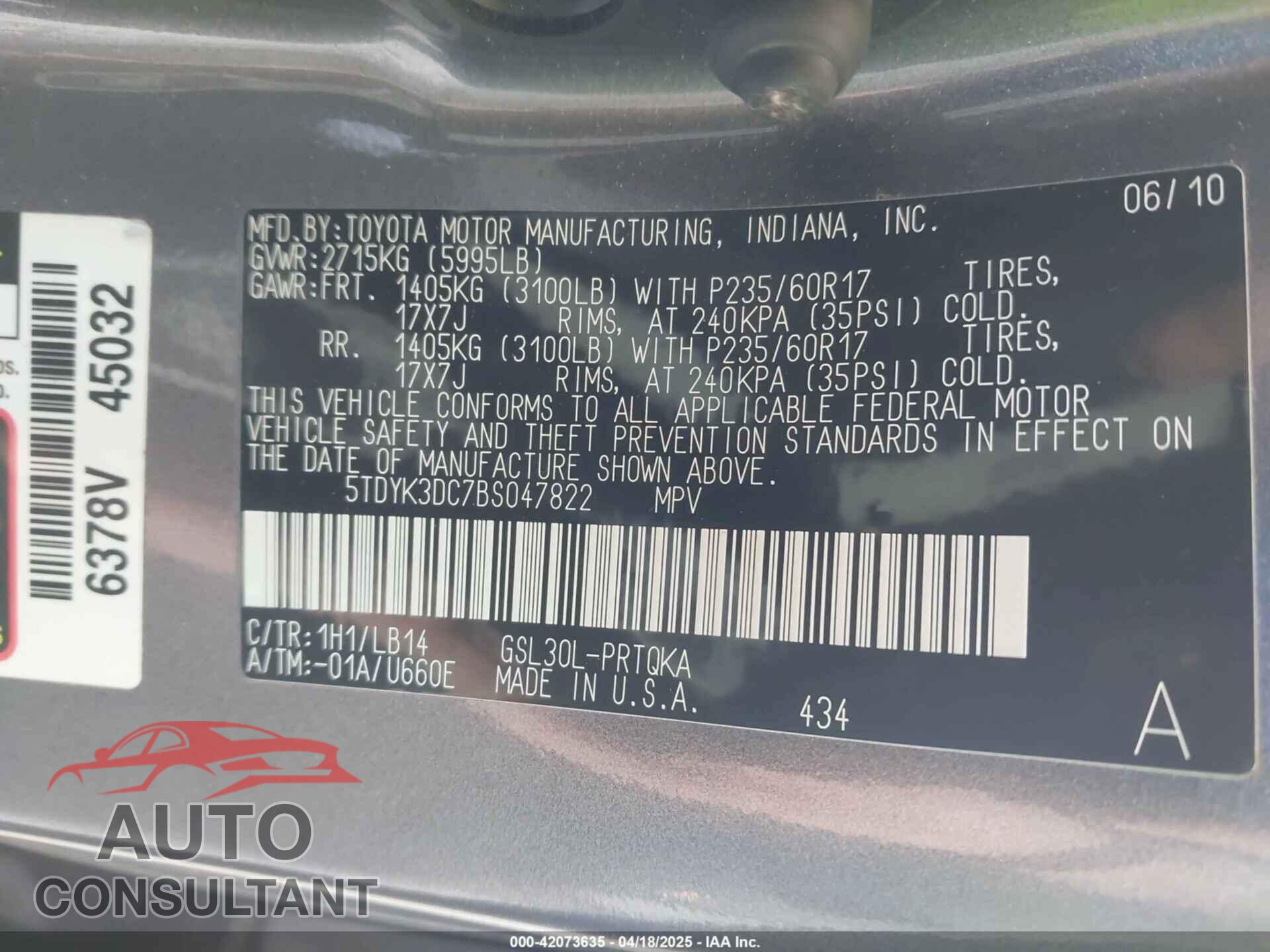 TOYOTA SIENNA 2011 - 5TDYK3DC7BS047822