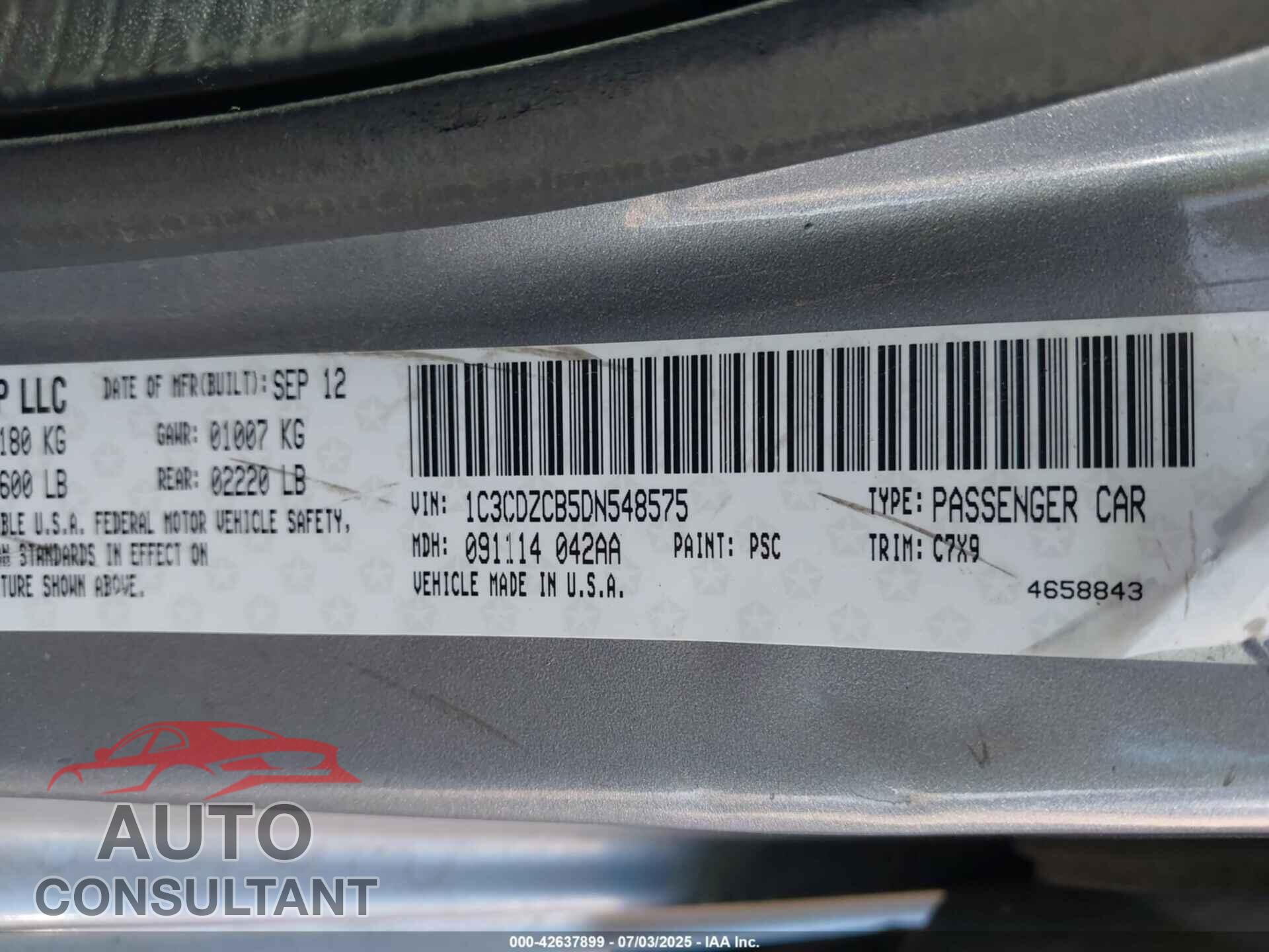 DODGE AVENGER 2013 - 1C3CDZCB5DN548575