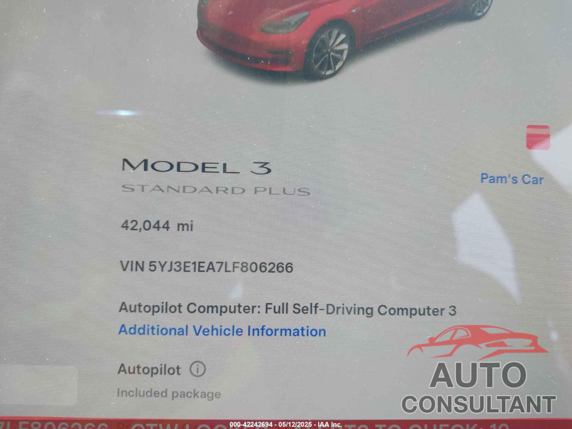 TESLA MODEL 3 2020 - 5YJ3E1EA7LF806266