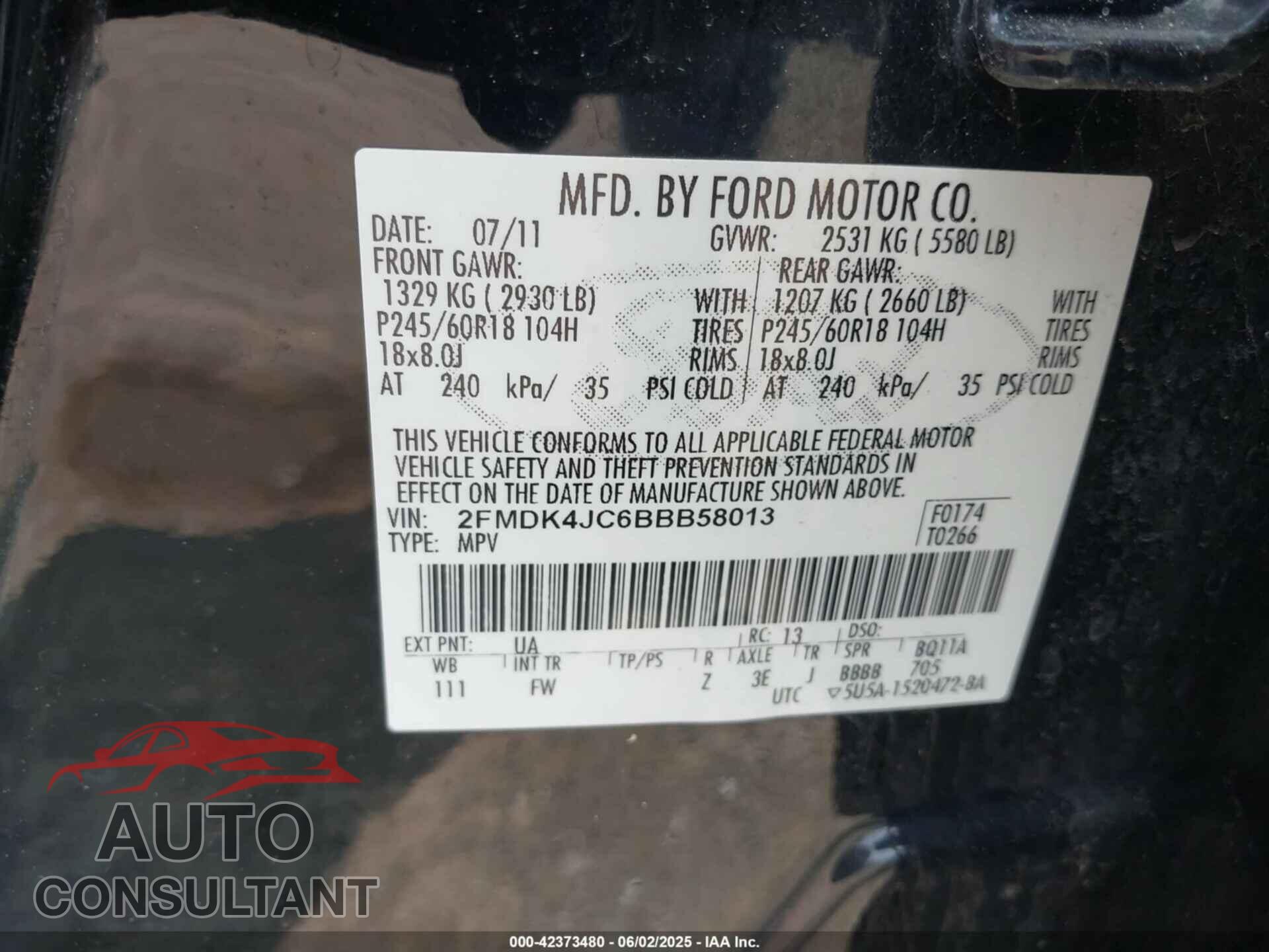 FORD EDGE 2011 - 2FMDK4JC6BBB58013