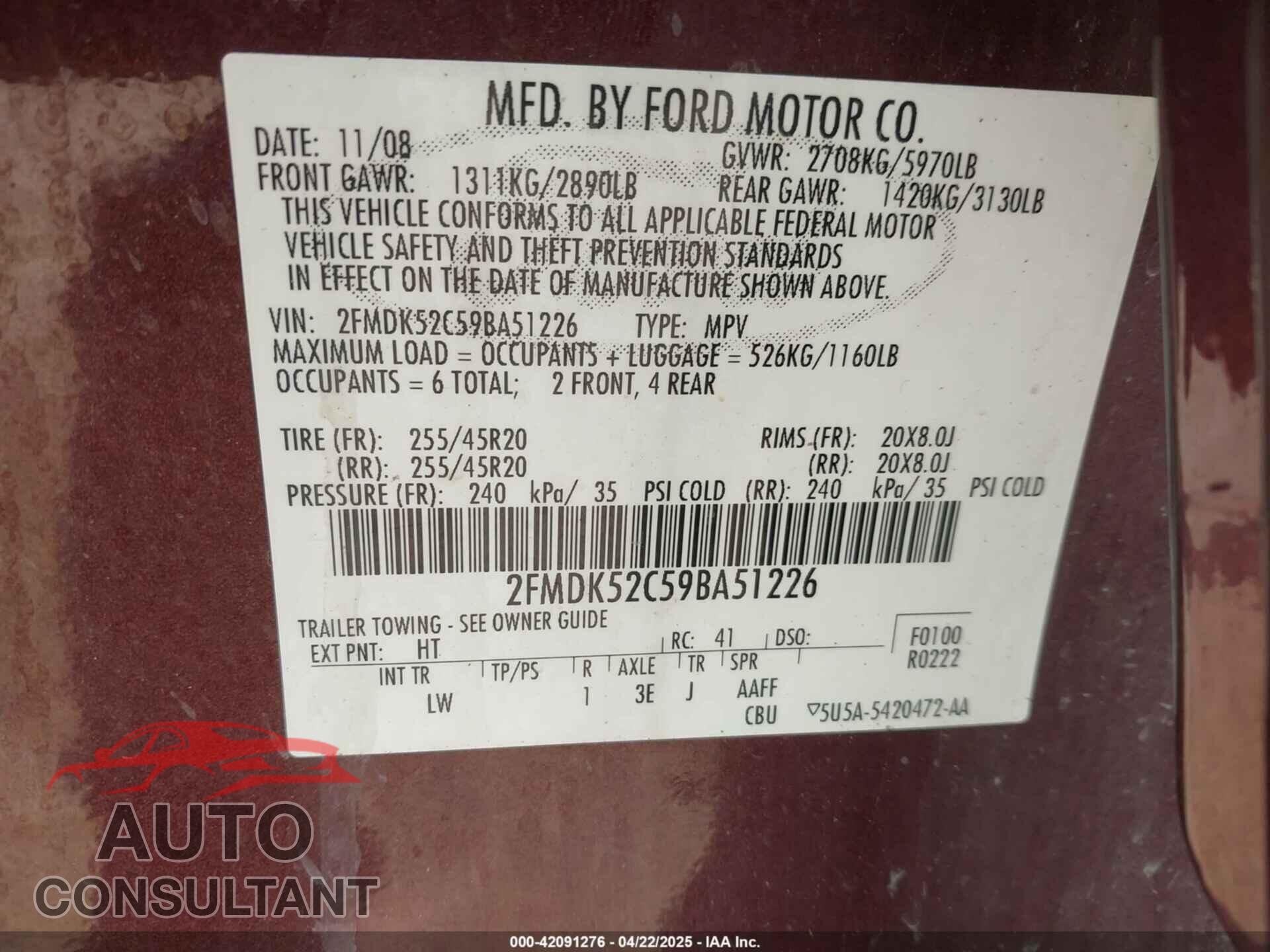 FORD FLEX 2009 - 2FMDK52C59BA51226