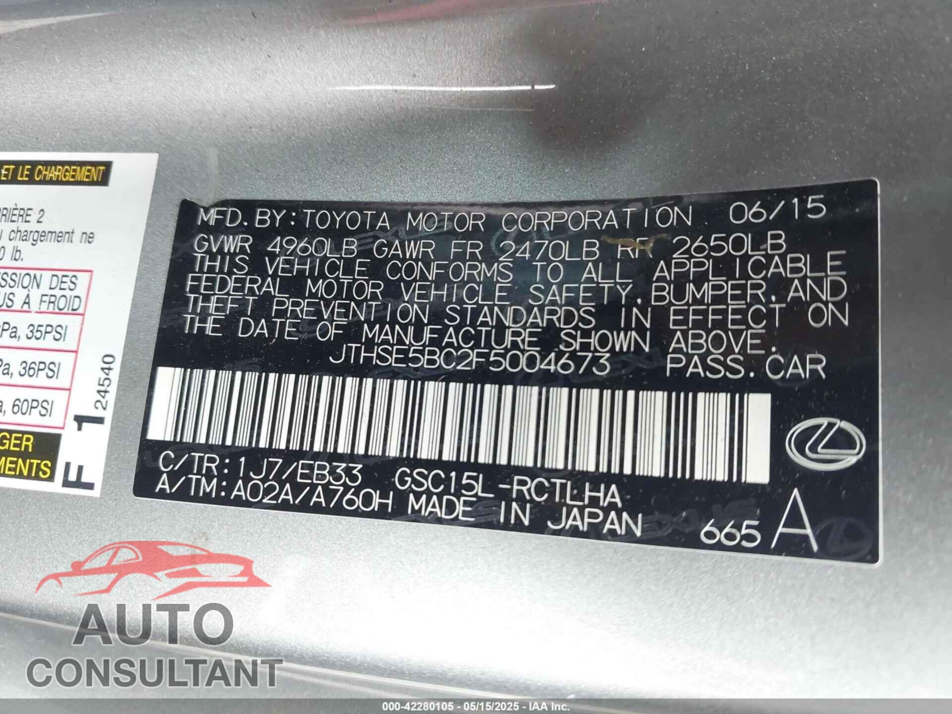 LEXUS RC 350 2015 - JTHSE5BC2F5004673