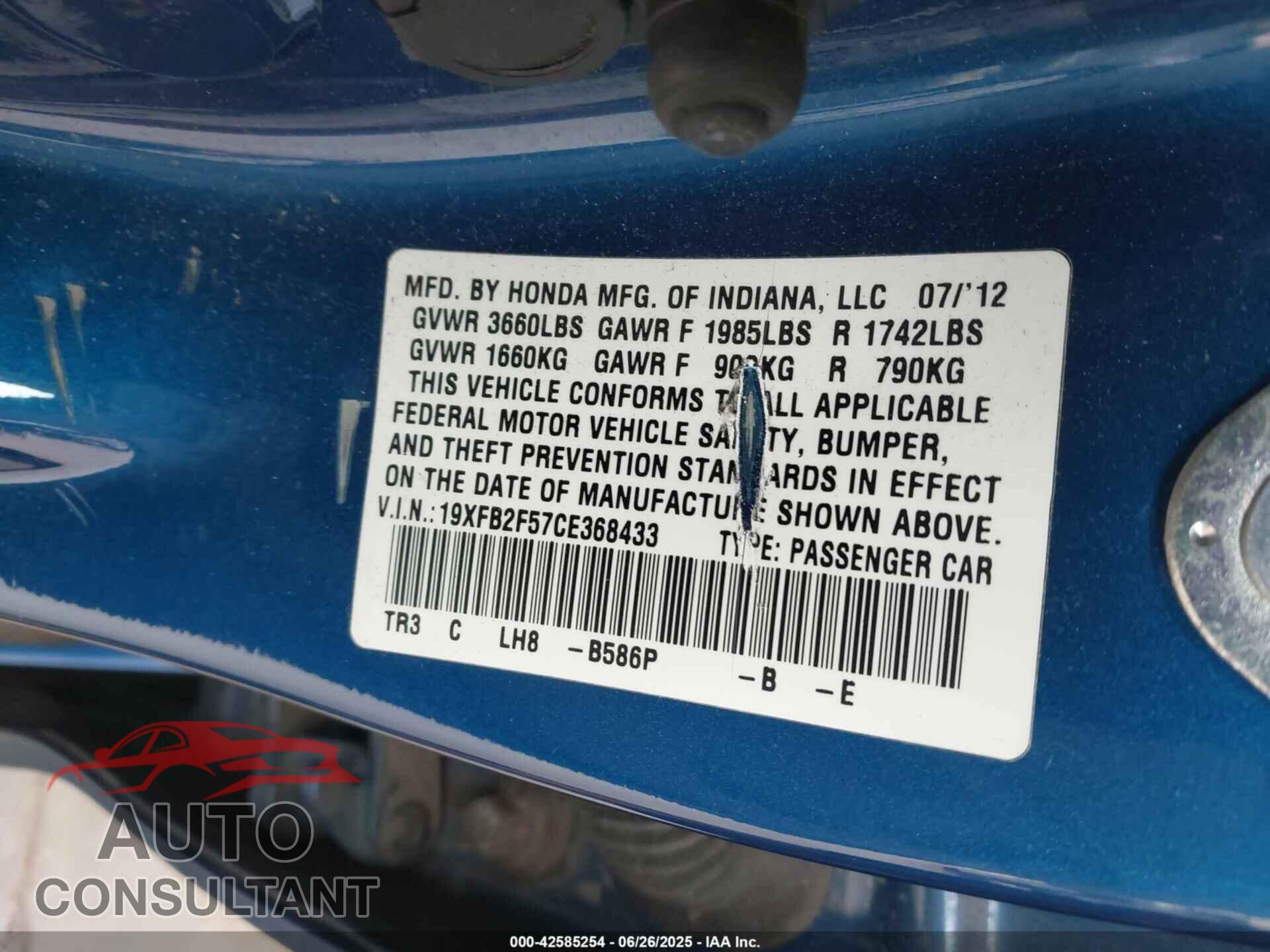 HONDA CIVIC 2012 - 19XFB2F57CE368433