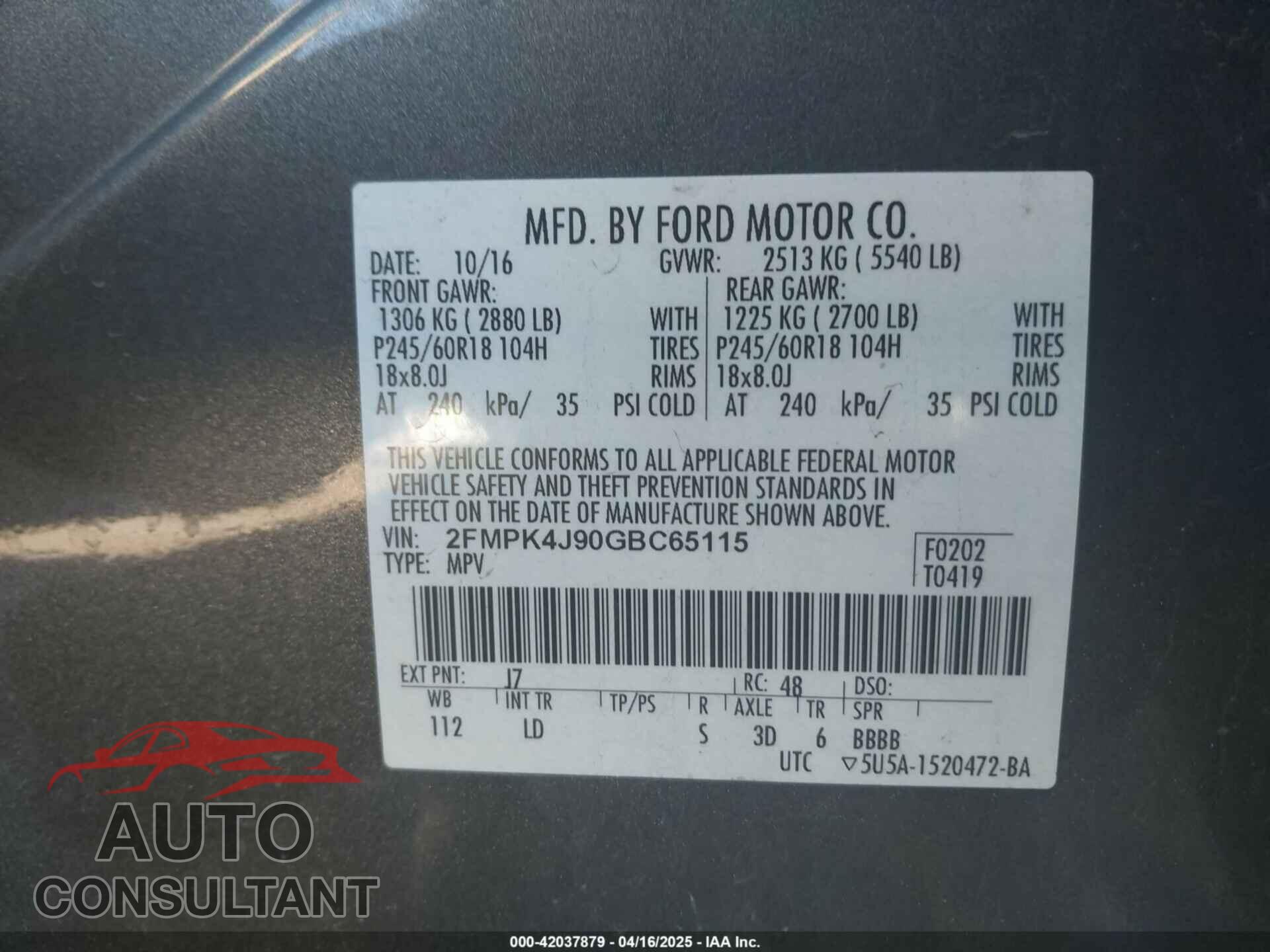 FORD EDGE 2016 - 2FMPK4J90GBC65115