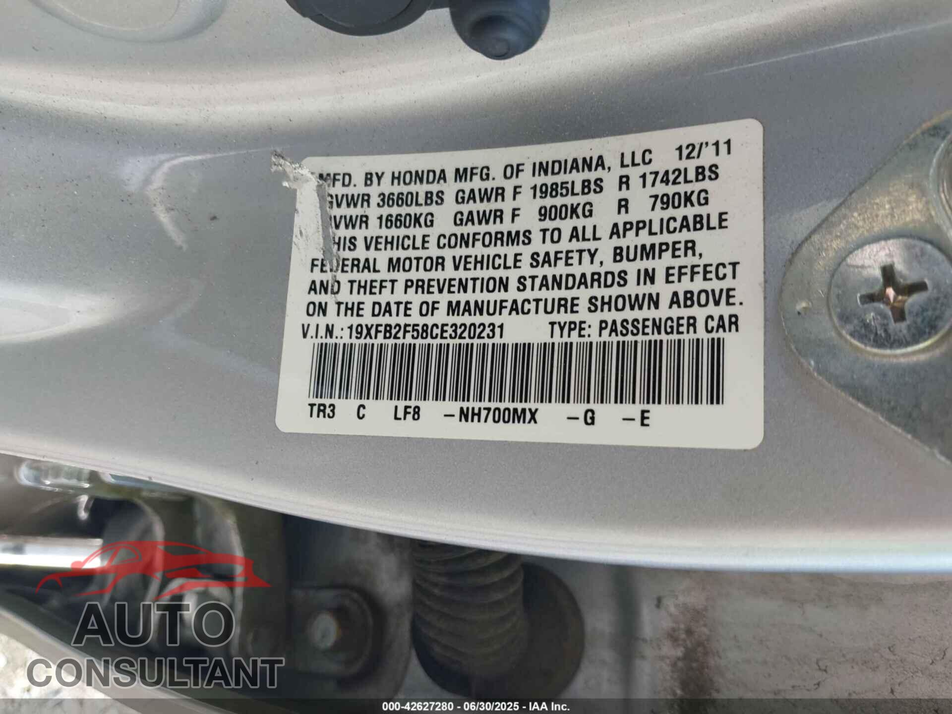 HONDA CIVIC 2012 - 19XFB2F58CE320231