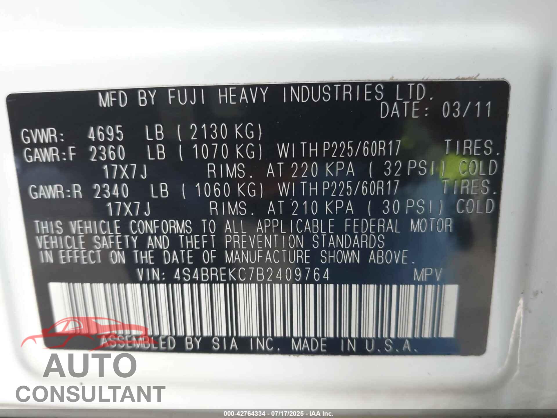 SUBARU OUTBACK 2011 - 4S4BREKC7B2409764