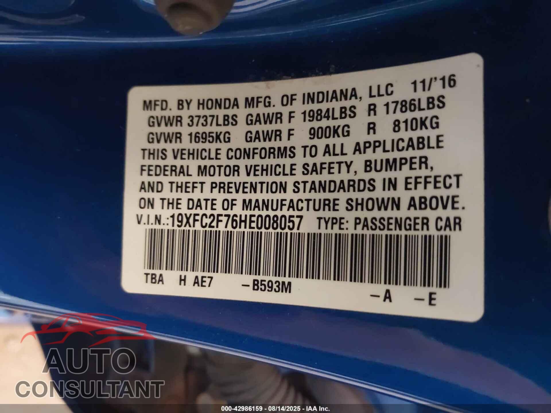HONDA CIVIC 2017 - 19XFC2F76HE008057