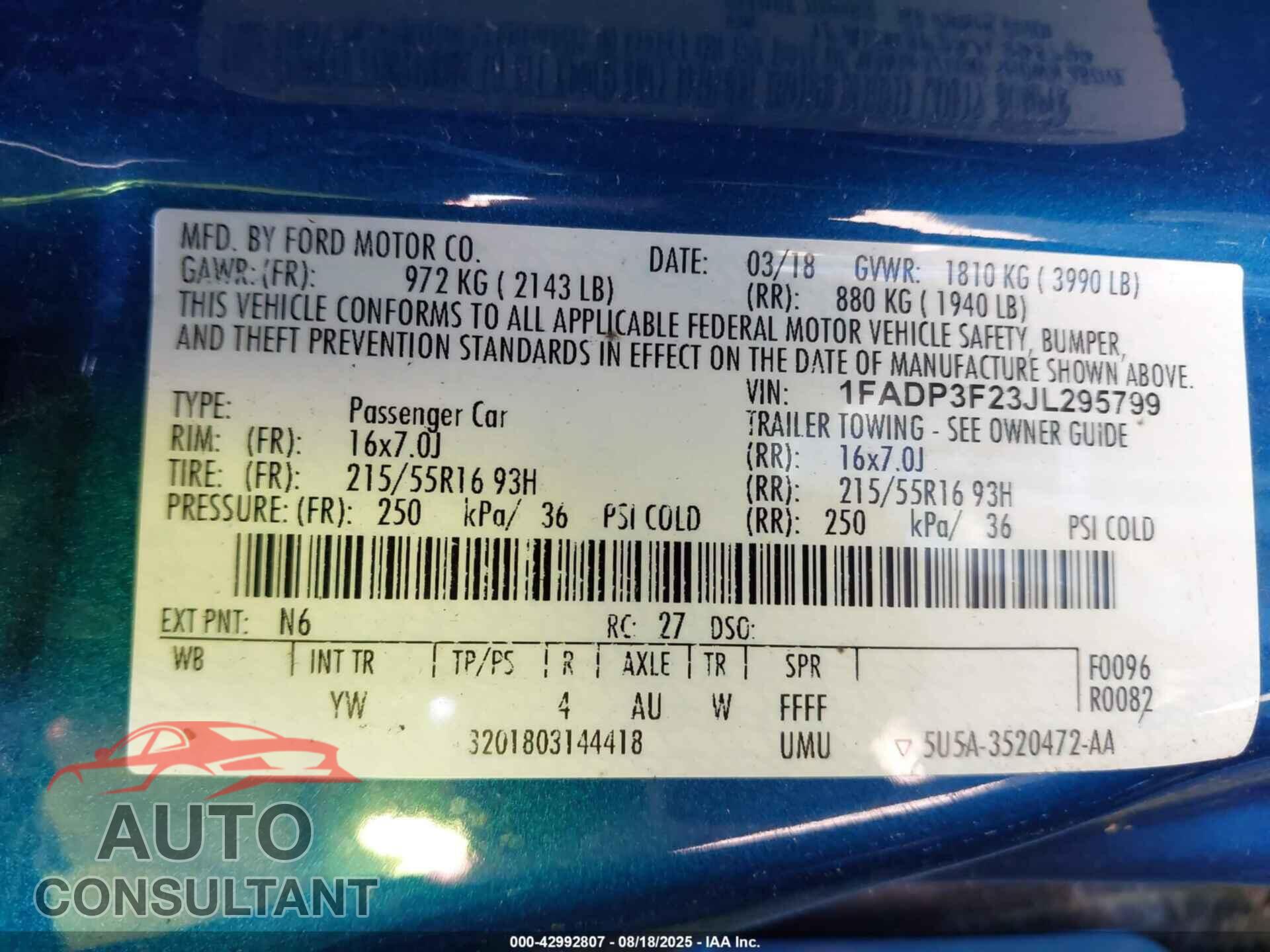 FORD FOCUS 2018 - 1FADP3F23JL295799