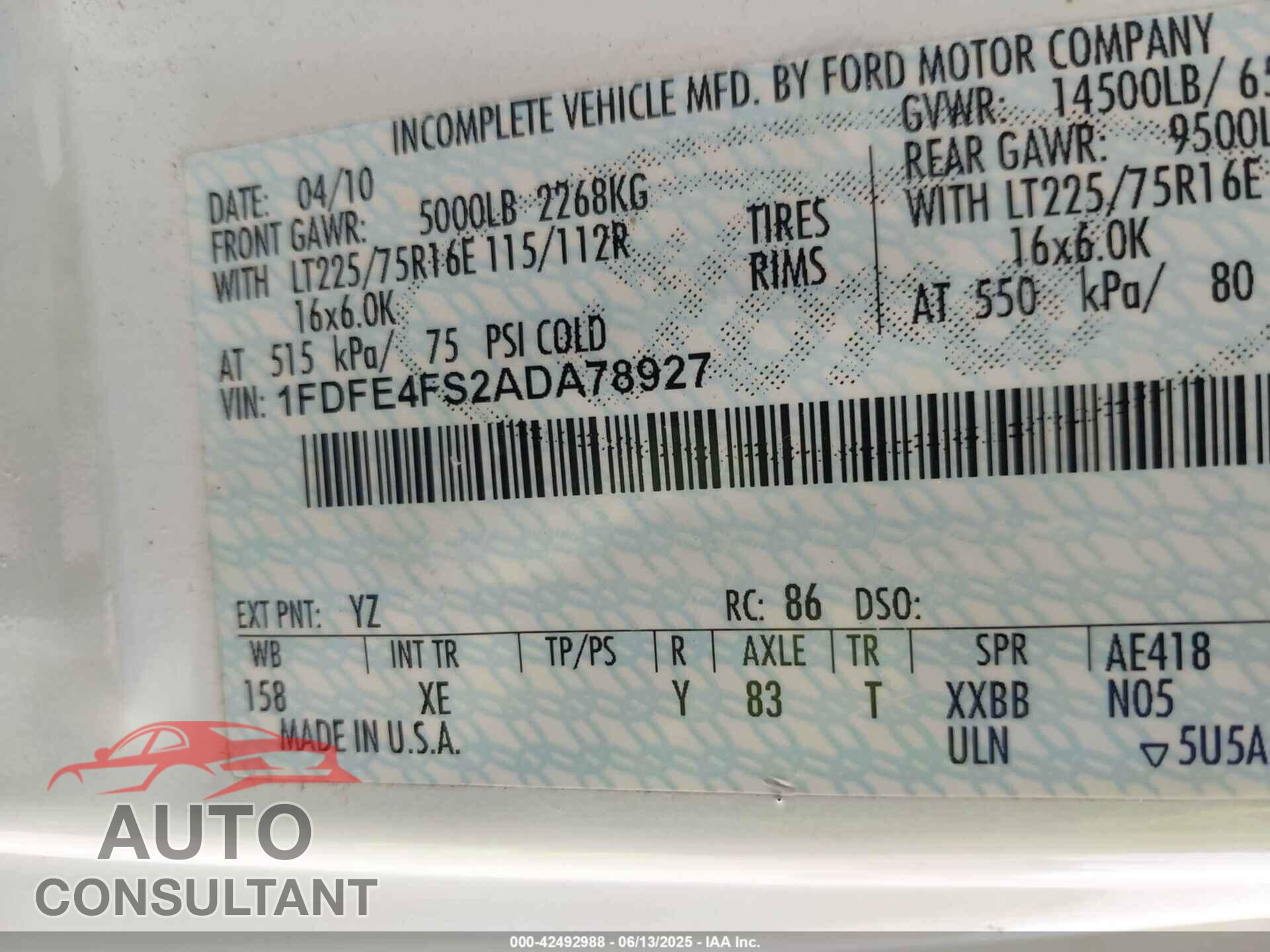 FORD E-450 CUTAWAY 2010 - 1FDFE4FS2ADA78927