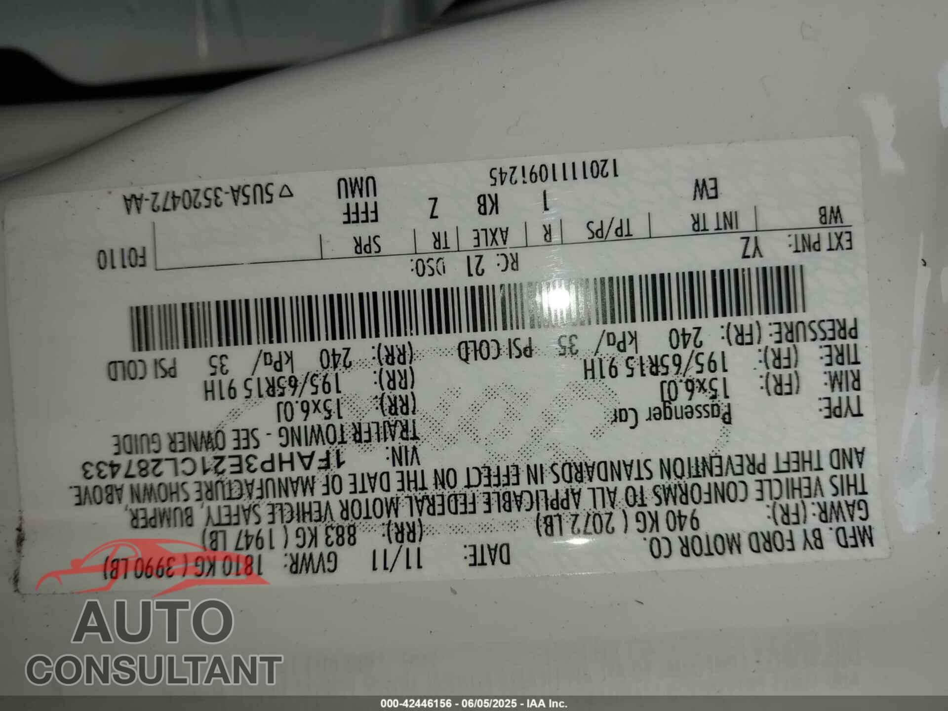 FORD FOCUS 2012 - 1FAHP3E21CL287433