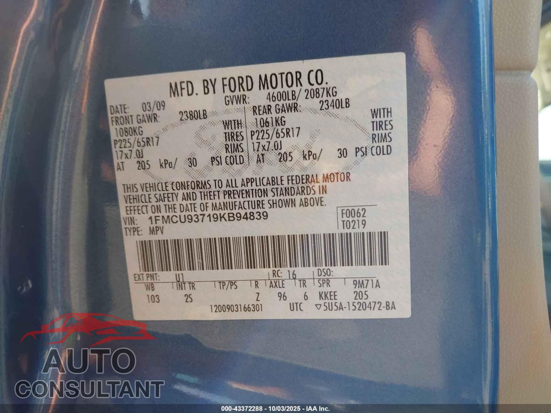 FORD ESCAPE 2009 - 1FMCU93719KB94839