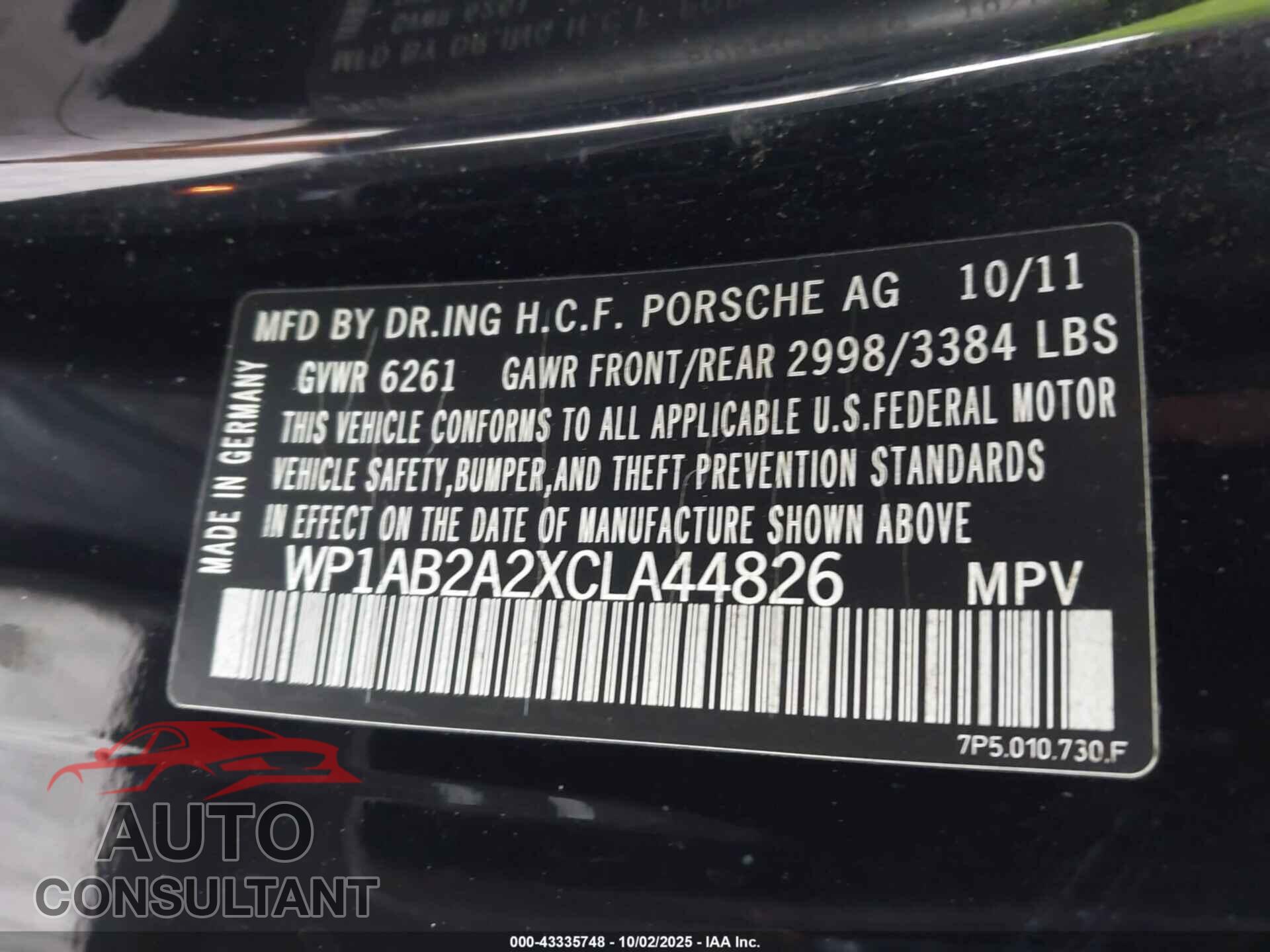 PORSCHE CAYENNE 2012 - WP1AB2A2XCLA44826